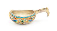 A Russian Silver-Gilt and Enamel Kovsh, Mark of Ivan Saltykov, Moscow, Late 19th Century, with polychrome enameled floral and foliate d