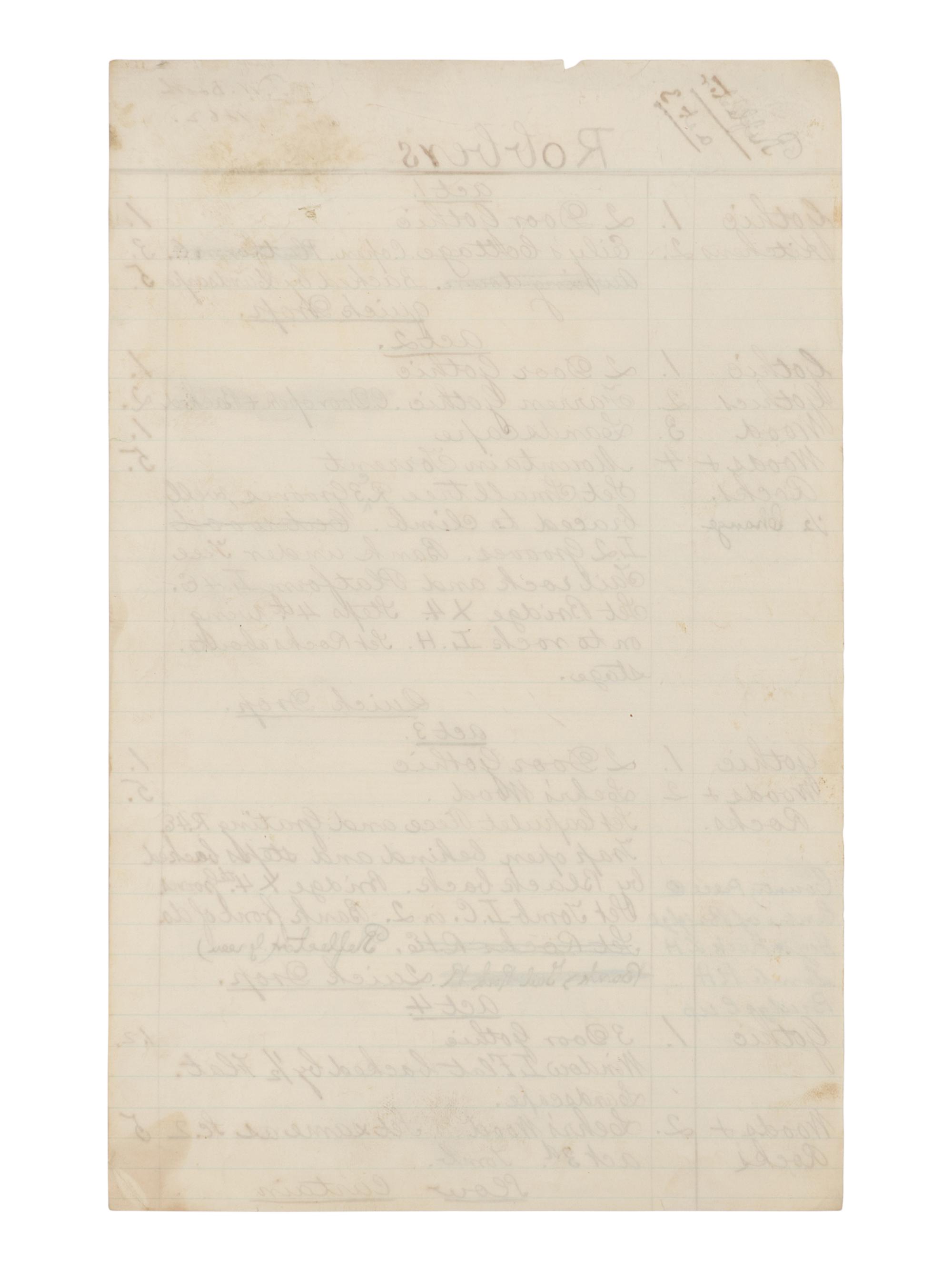 [BOOTH, John Wilkes (1838-1865)]. A group of 5 manuscript scenery lists for plays in which John Wilkes Booth performed, ca 1862-1864.