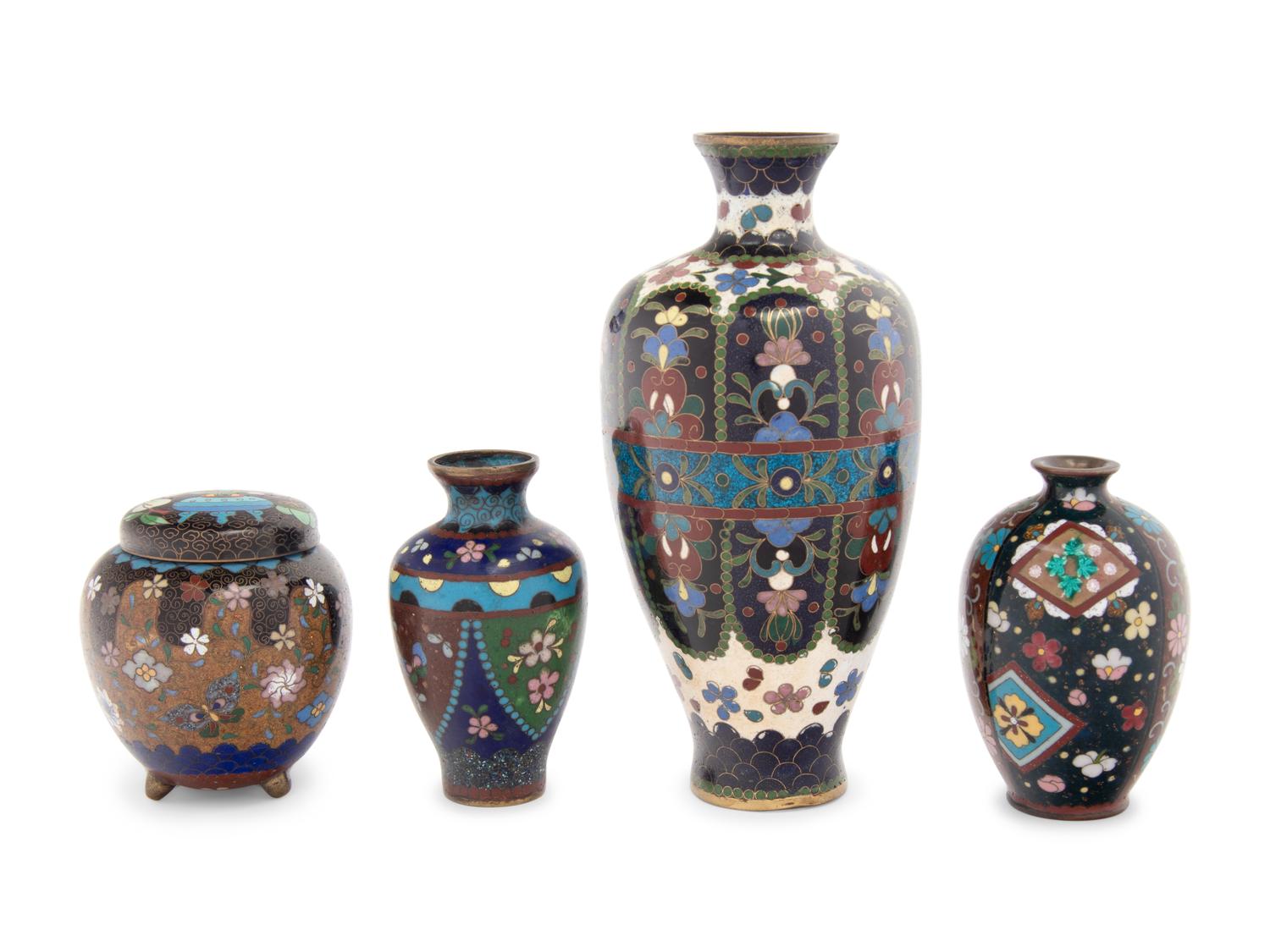 Four Japanese Black Ground Cloisonné Enamel Vessels