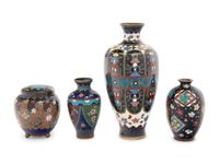 Four Japanese Black Ground Cloisonné Enamel Vessels