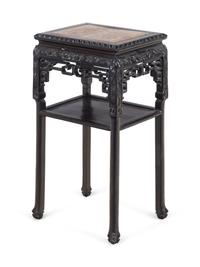 A Chinese Export Carved and Marble-Inset Rosewood Jardinière Stand