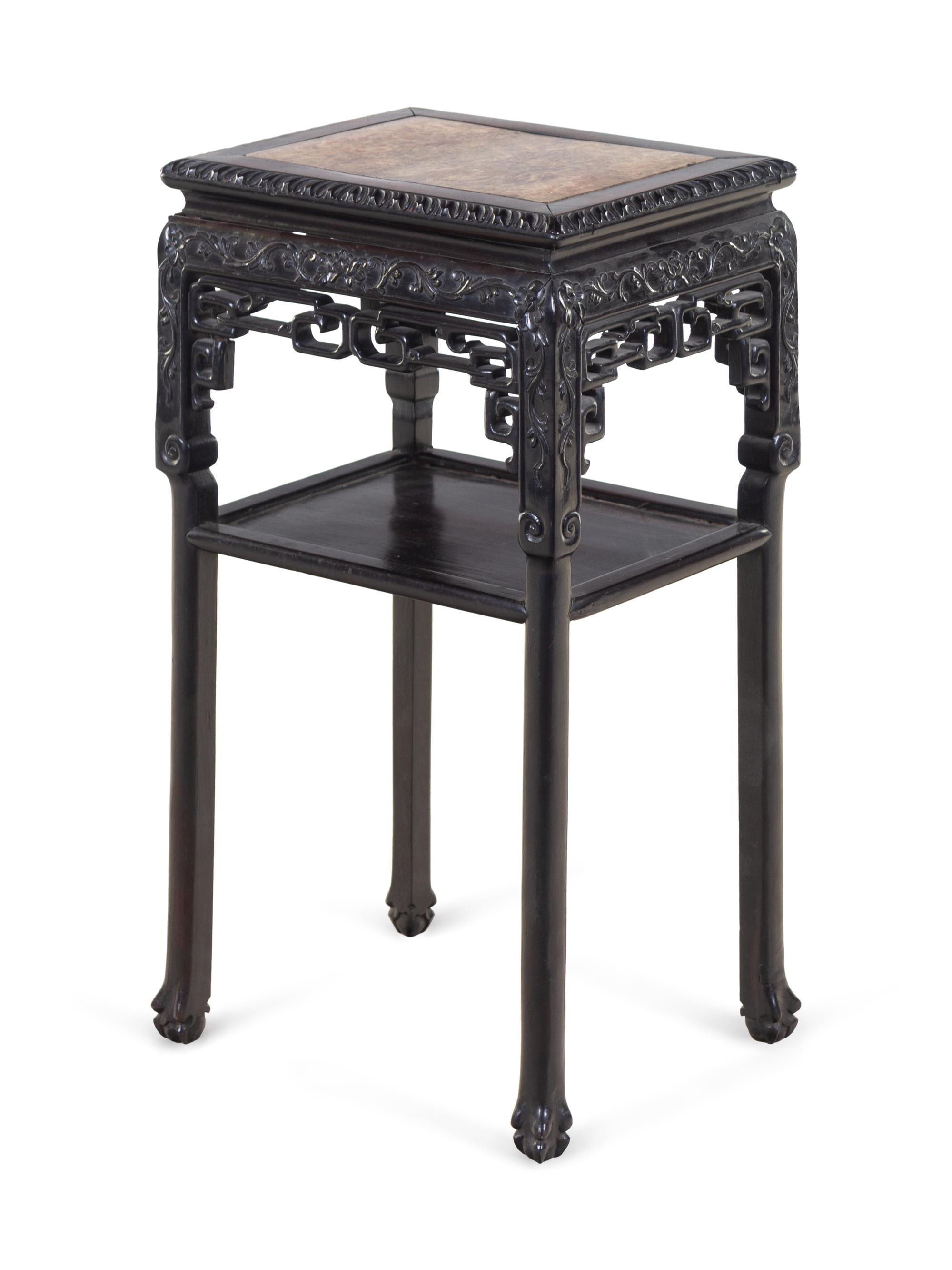 A Chinese Export Carved and Marble-Inset Rosewood Jardinière Stand