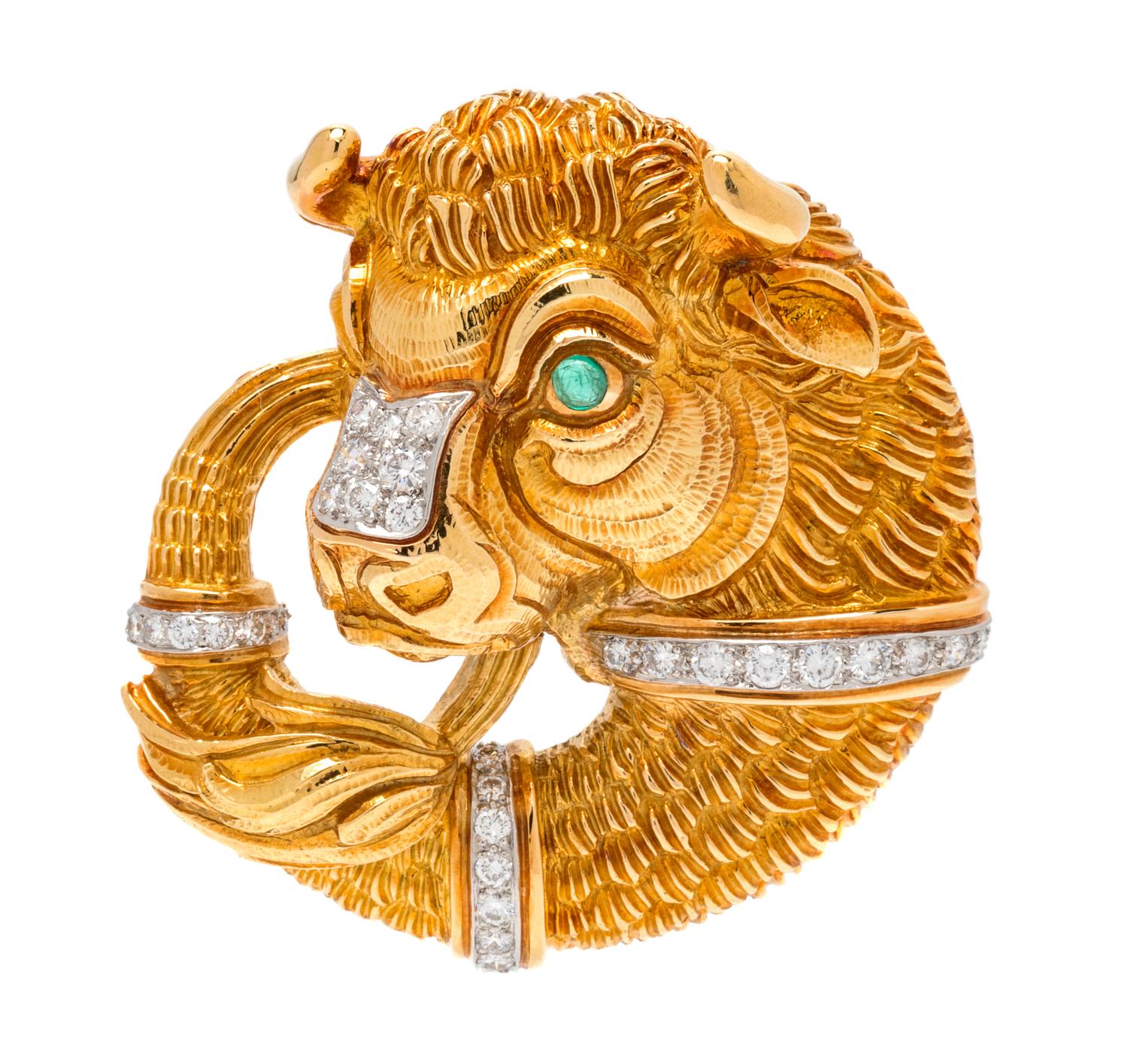 An 18 Karat Yellow Gold, Platinum, Diamond and Emerald Taurus Pendant/Brooch, David Webb, 36.70 dwts.