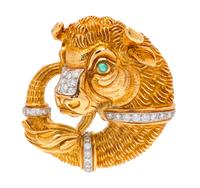 An 18 Karat Yellow Gold, Platinum, Diamond and Emerald Taurus Pendant/Brooch, David Webb, 36.70 dwts.
