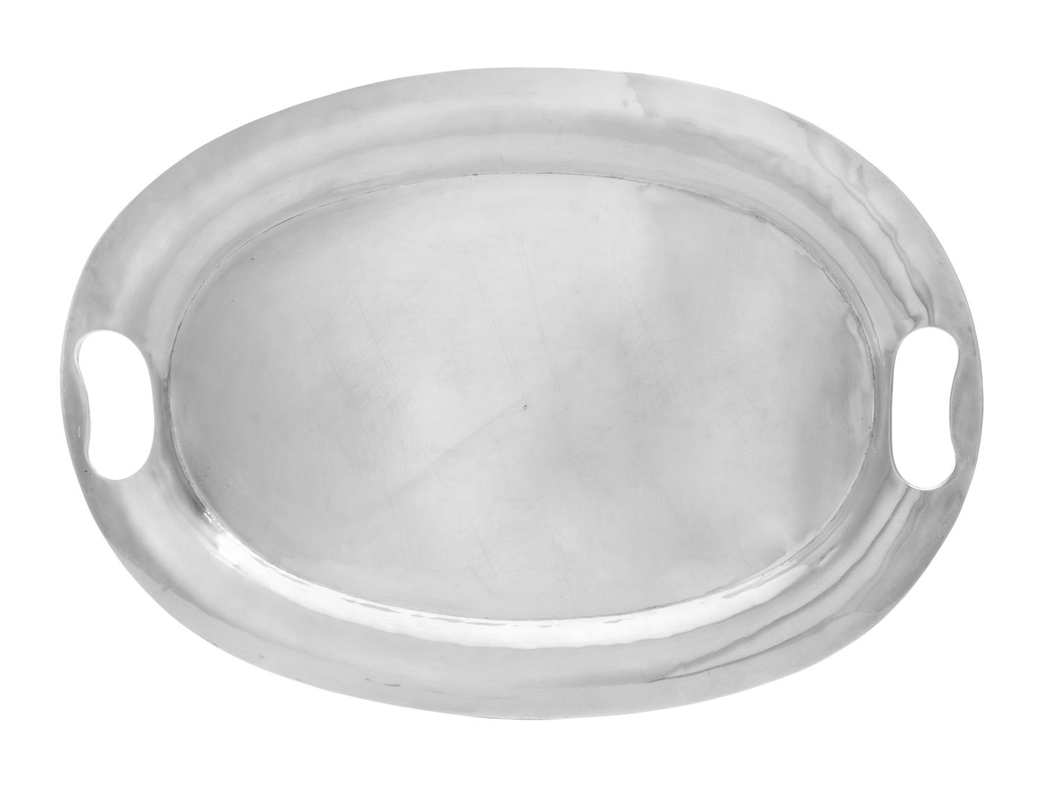 A Mexican Silver Oval Serving Tray, Mexico City, having cut-out handles to the rim.