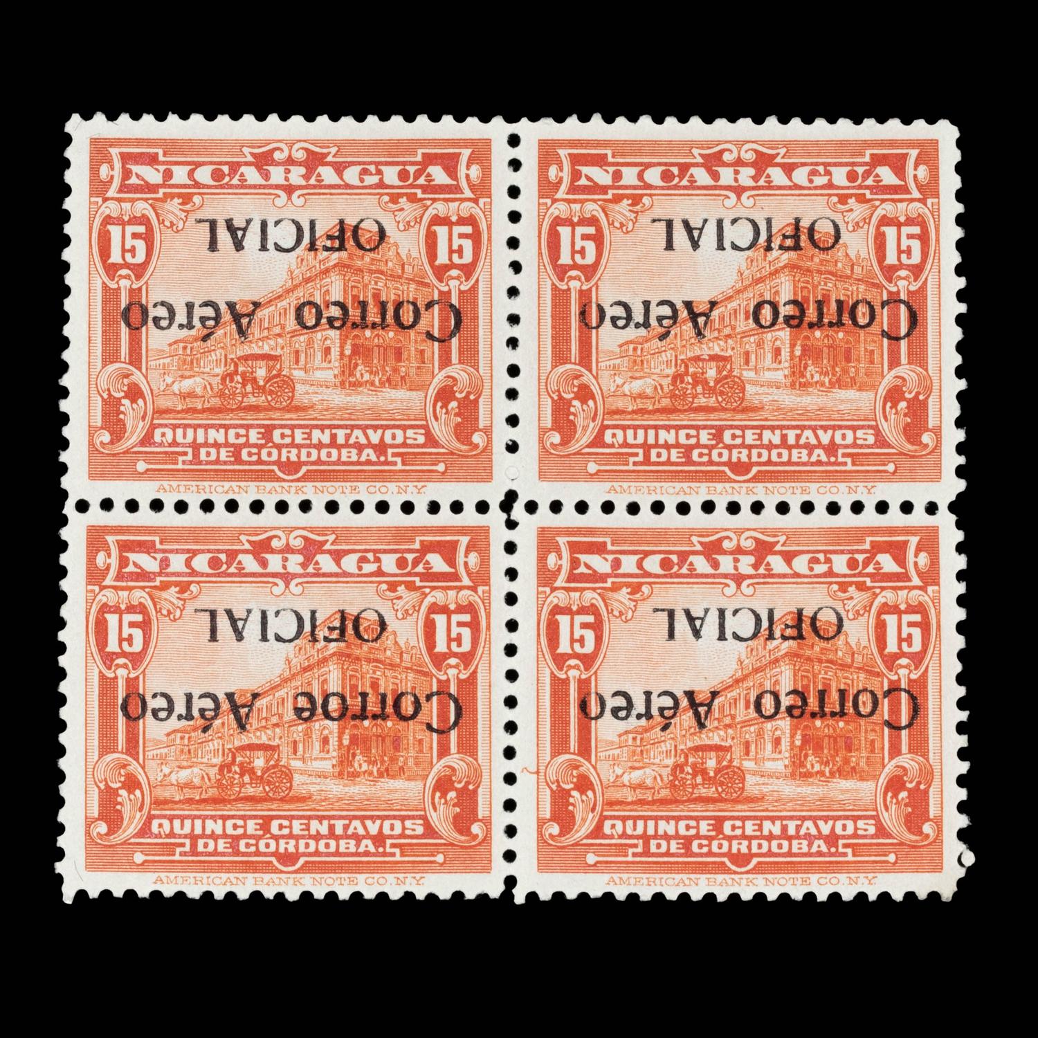 {PHILATELY} [SURCHARGE ERROR] NICARAGUA. Airmail. 1932. 15c. Orange Red (#CO4a & CO4aVAR), Inverted Surcharge, Position 3 Error "Corroe" Printed Instead of "Correo"