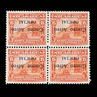 {PHILATELY} [SURCHARGE ERROR] NICARAGUA. Airmail. 1932. 15c. Orange Red (#CO4a & CO4aVAR), Inverted Surcharge, Position 3 Error "Corroe" Printed Instead of "Correo"