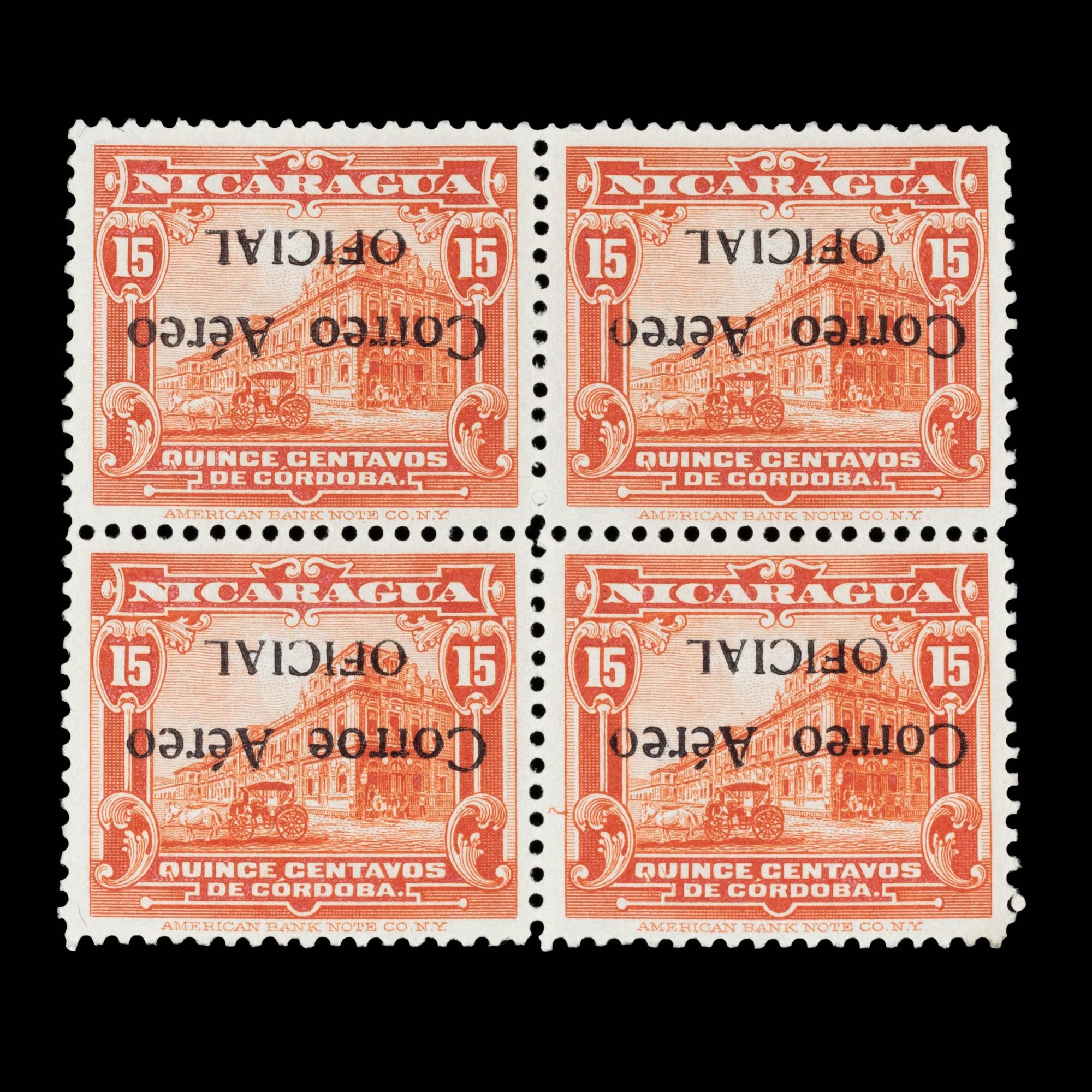 {PHILATELY} [SURCHARGE ERROR] NICARAGUA. Airmail. 1932. 15c. Orange Red (#CO4a & CO4aVAR), Inverted Surcharge, Position 3 Error "Corroe" Printed Instead of "Correo"