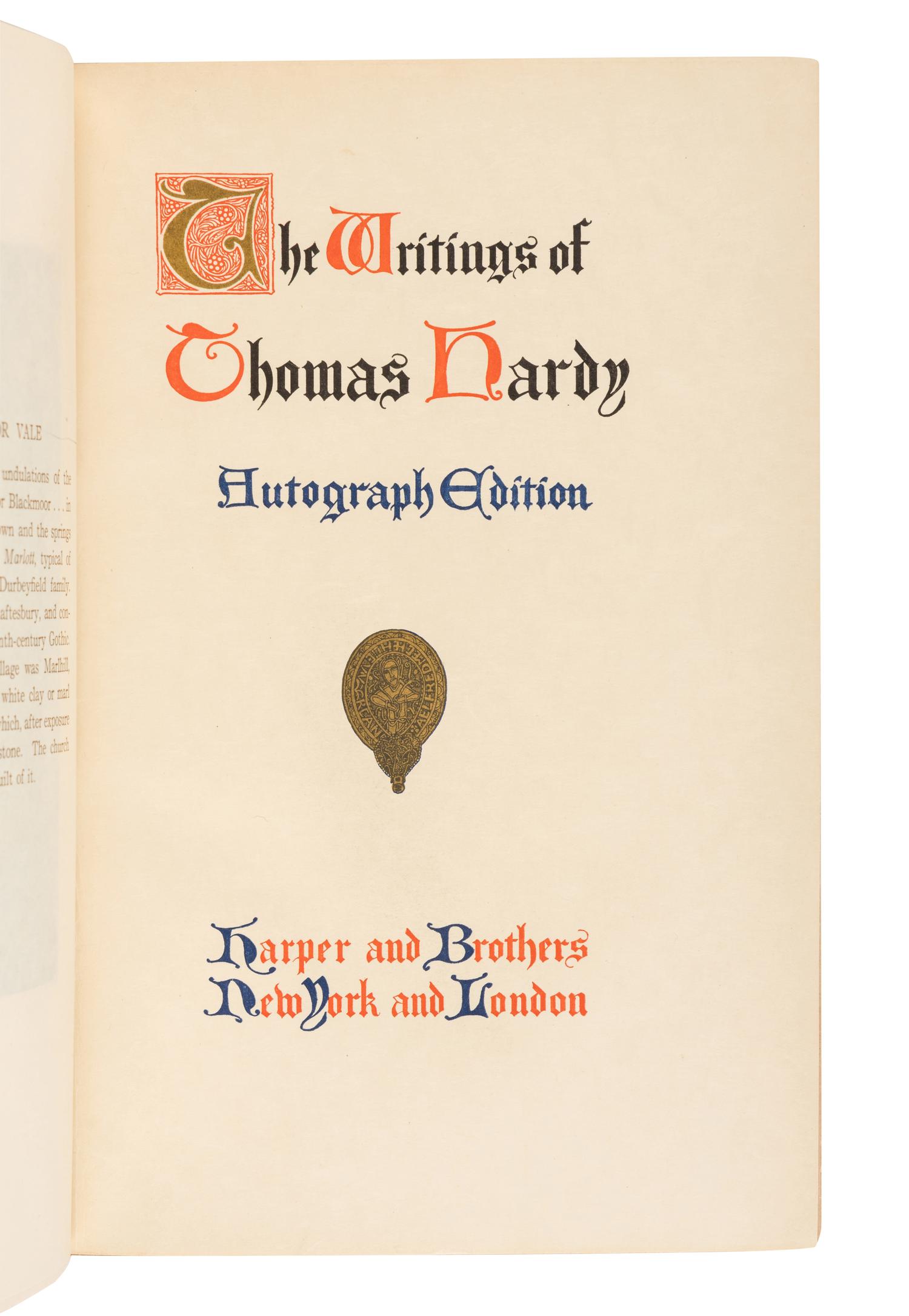 HARDY, Thomas (1840-1928). The Writings of Thomas Hardy in Prose and Verse . New York and London: Harper and Brothers, [ca 1912].