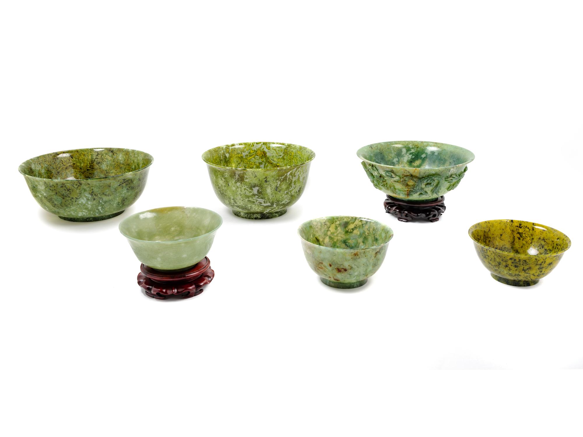 Six Chinese Spinach Jade Bowls