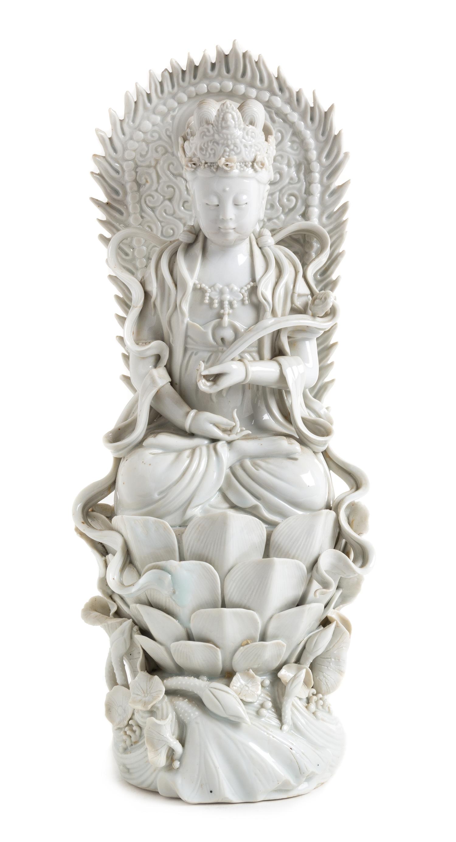A Blanc-de-Chine Porcelain Figure of Guanyin Height 14 1/2 inches.
