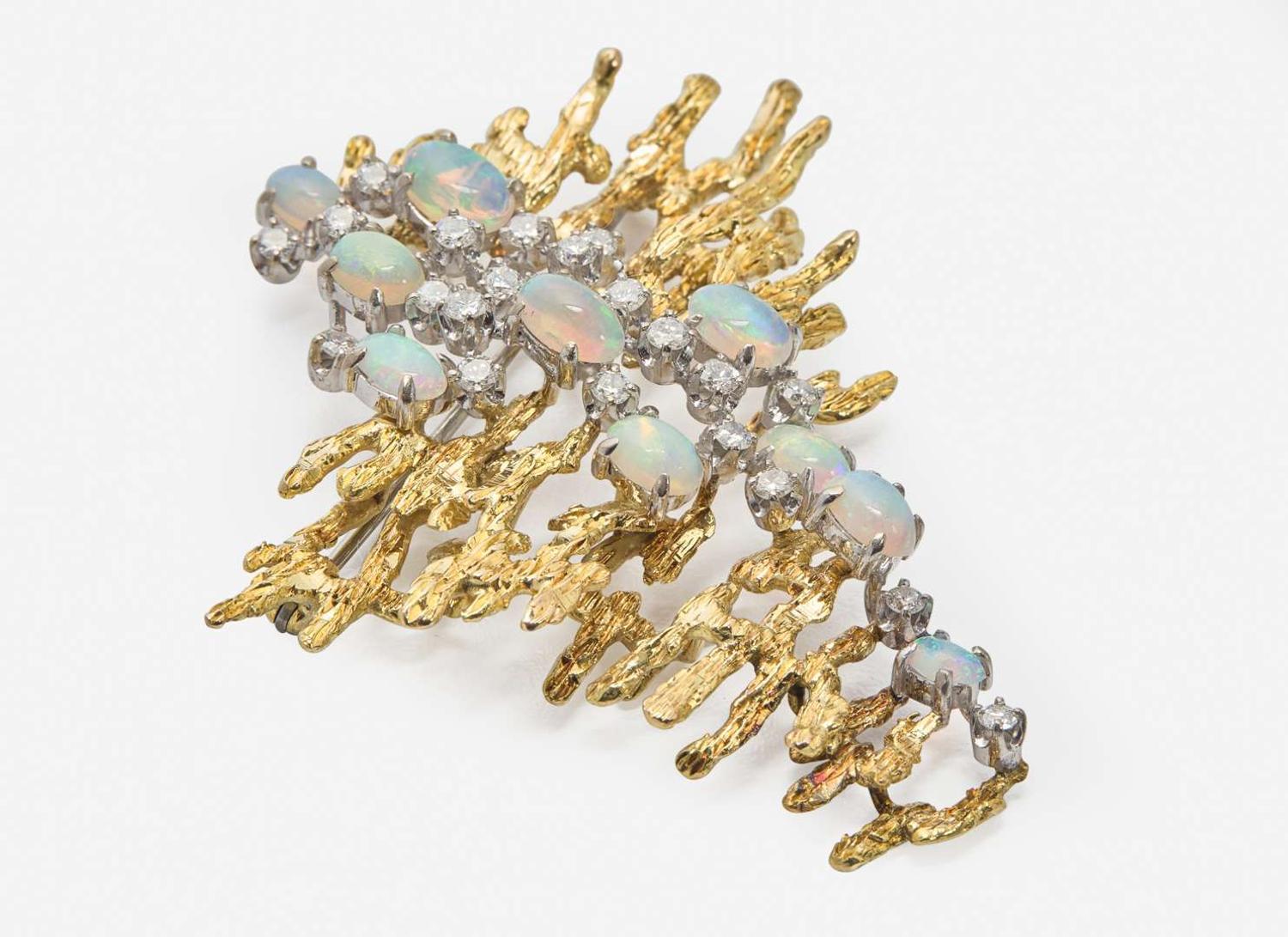 A Brutalist 14K Gold, Opal, and Diamond Brooch