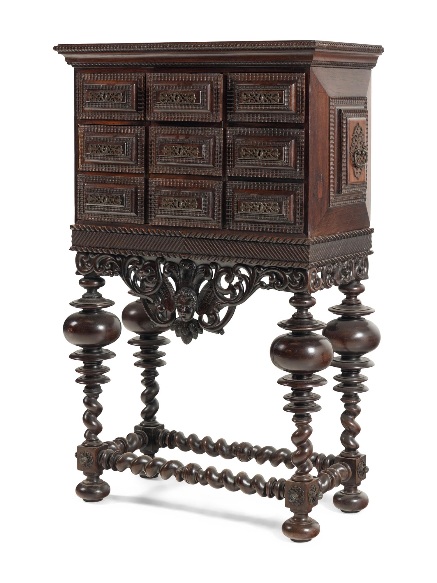 A Portuguese Baroque Style Carved Walnut Cabinet on Stand