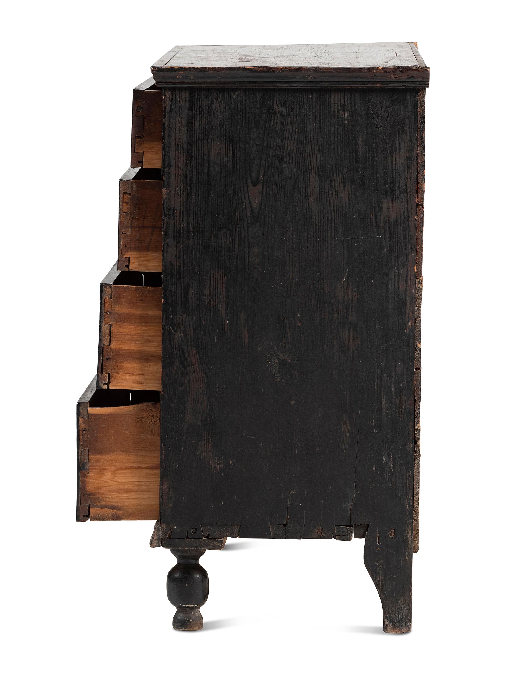 A William and Mary Black Painted Maple and Pine Chest of Drawers