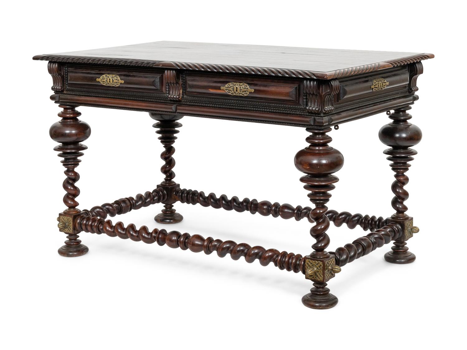 A Portuguese Baroque Style Brass Mounted Rosewood Library Table