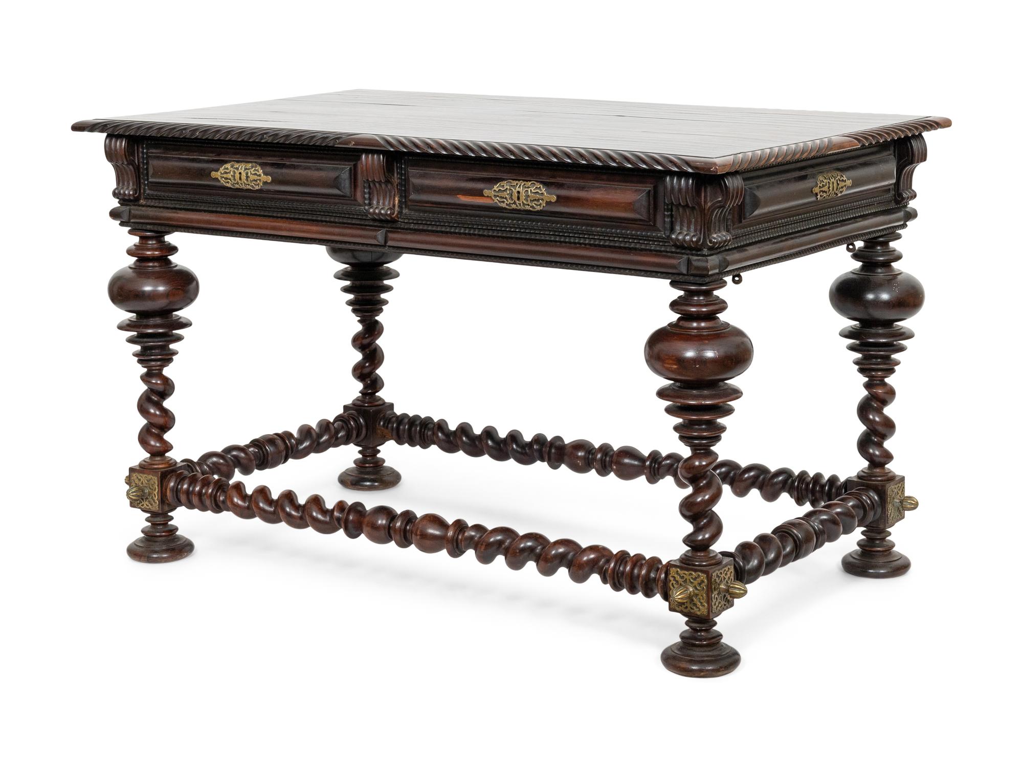 A Portuguese Baroque Style Brass Mounted Rosewood Library Table