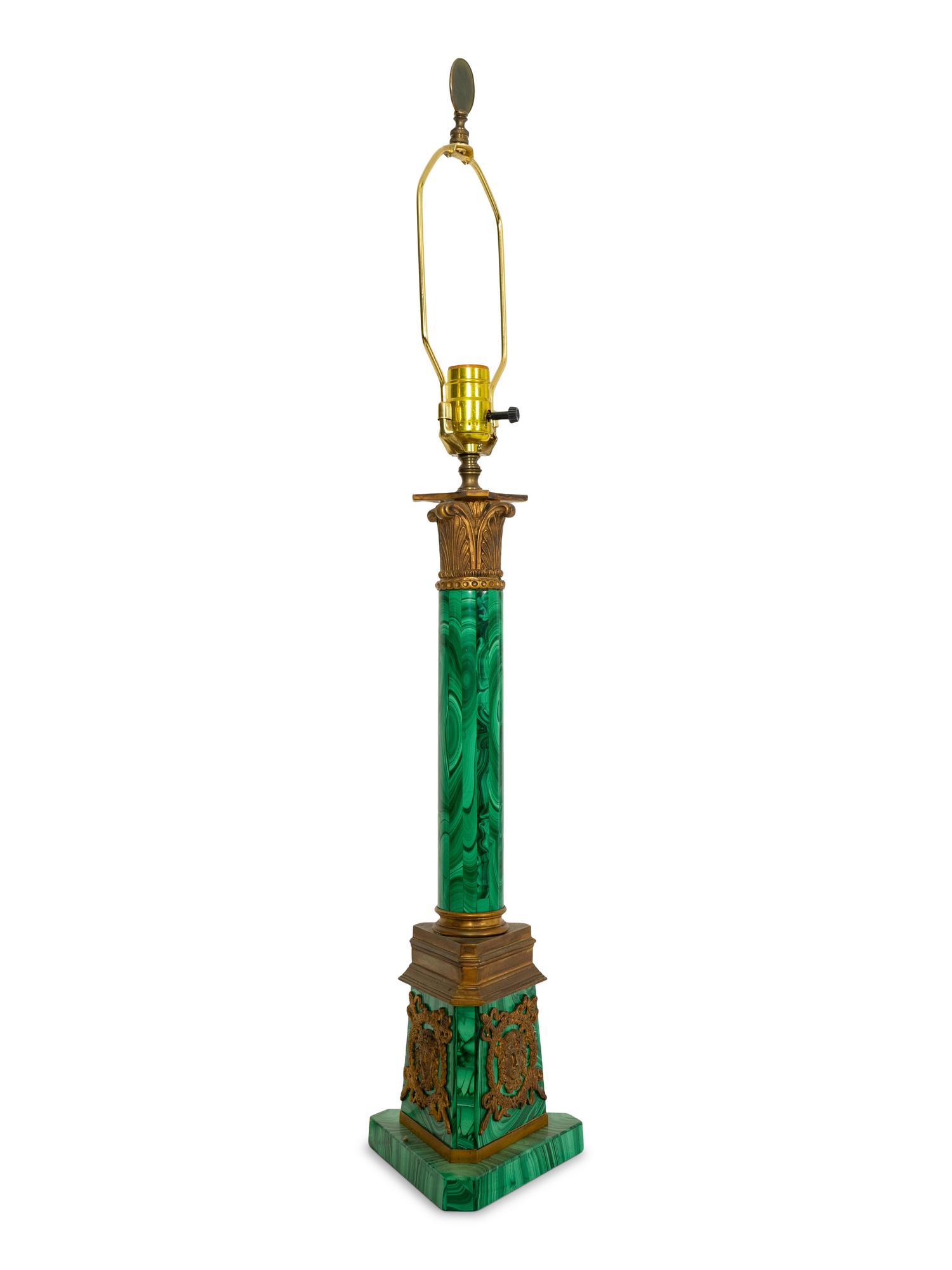 A Gilt Bronze Mounted Malachite Lamp and a French Cut Glass Columnar Lamp