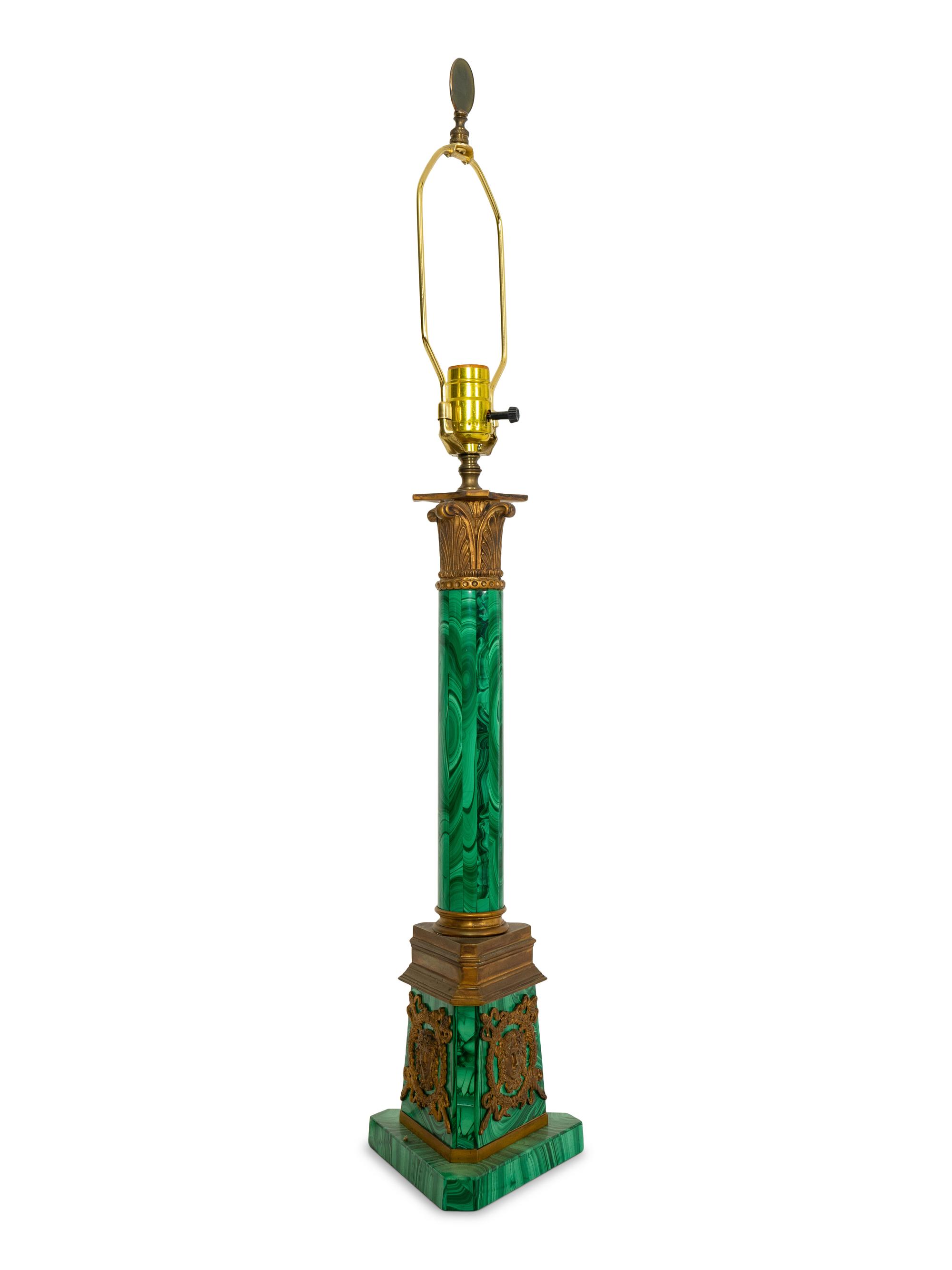 A Gilt Bronze Mounted Malachite Lamp and a French Cut Glass Columnar Lamp