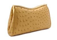 A Judith Leiber Metallic Gold Ostrich Evening Bag, 9 1/2 x 5 x 1 1/2 inches.