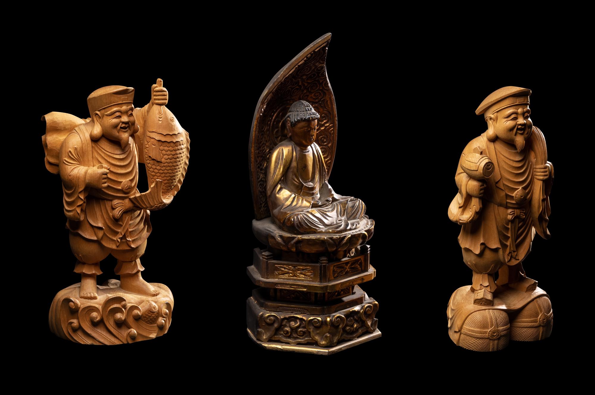 Three Japanese Carved Wood Figures