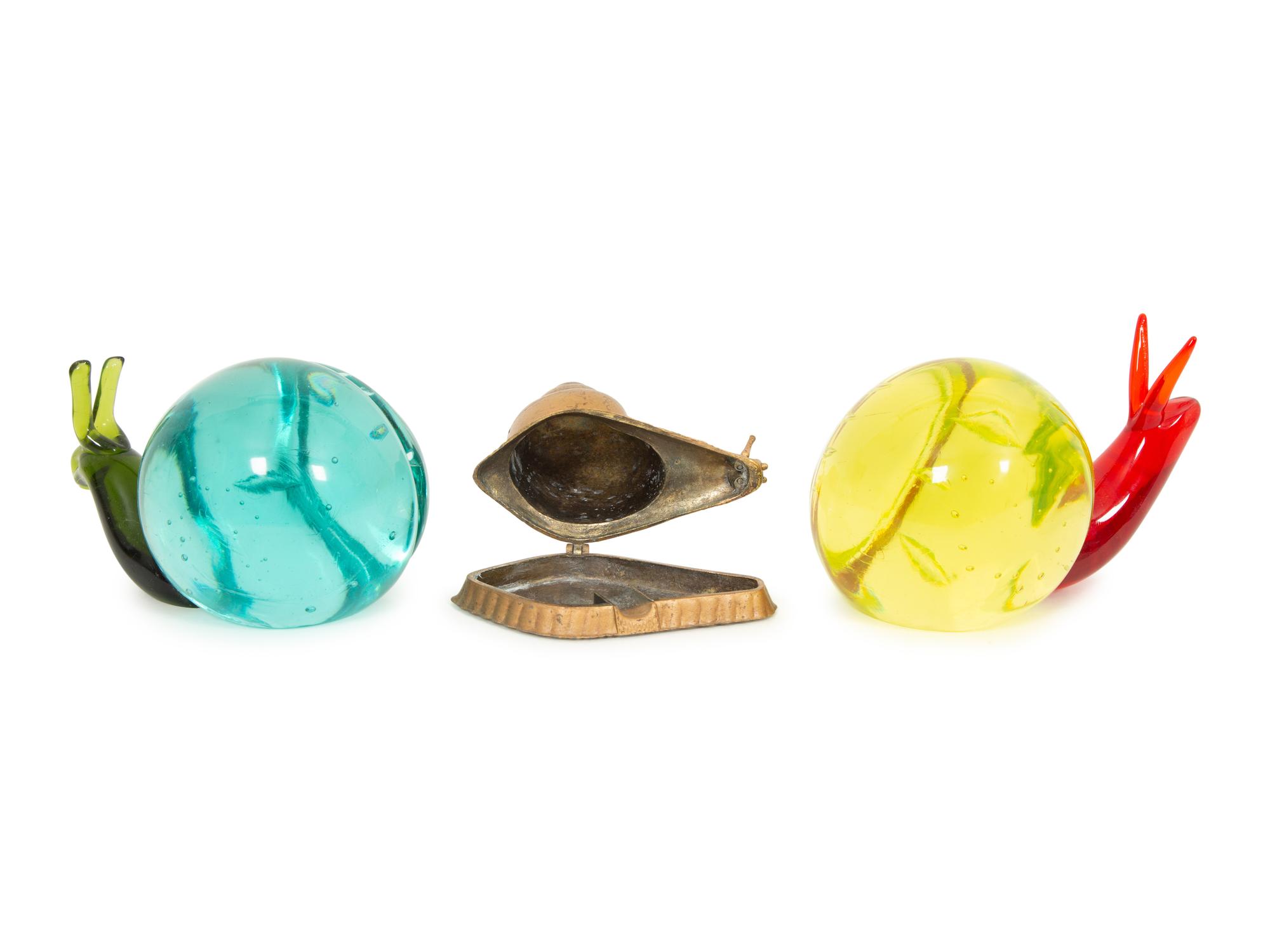 Two Murano Colored Glass Snails and a Gilt Metal Snail-Form Ashtray