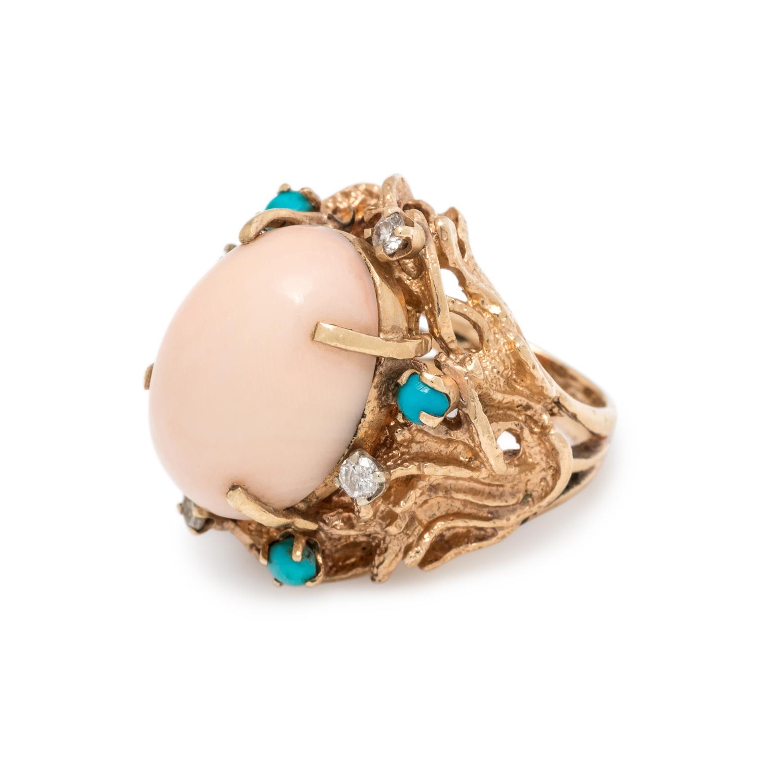 ANGEL SKIN CORAL, TURQUOISE AND DIAMOND RING
