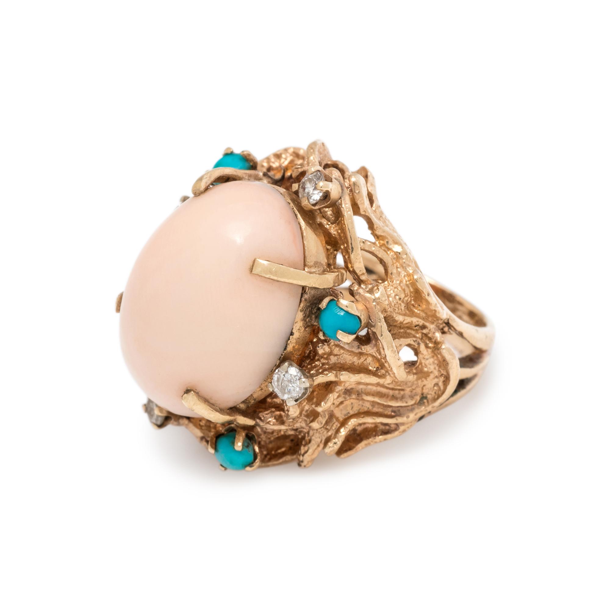 ANGEL SKIN CORAL, TURQUOISE AND DIAMOND RING