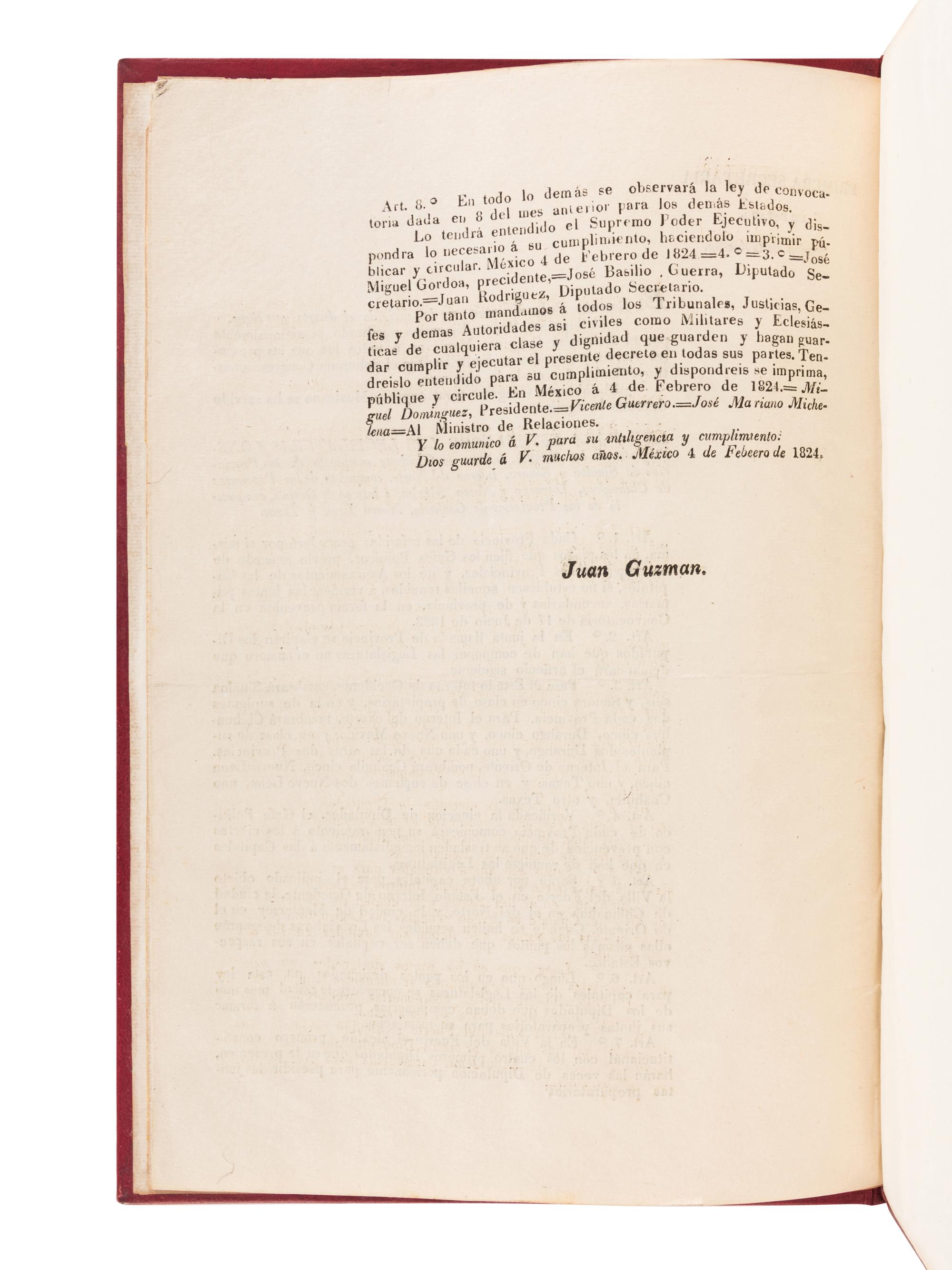 [MEXICO LAW]. Primera Secretaria de Estado. Seccion de Gobierno. El Supremo Poder Ejecutivo me ha dirigido el decreto de sique . [Mexico, 1824].