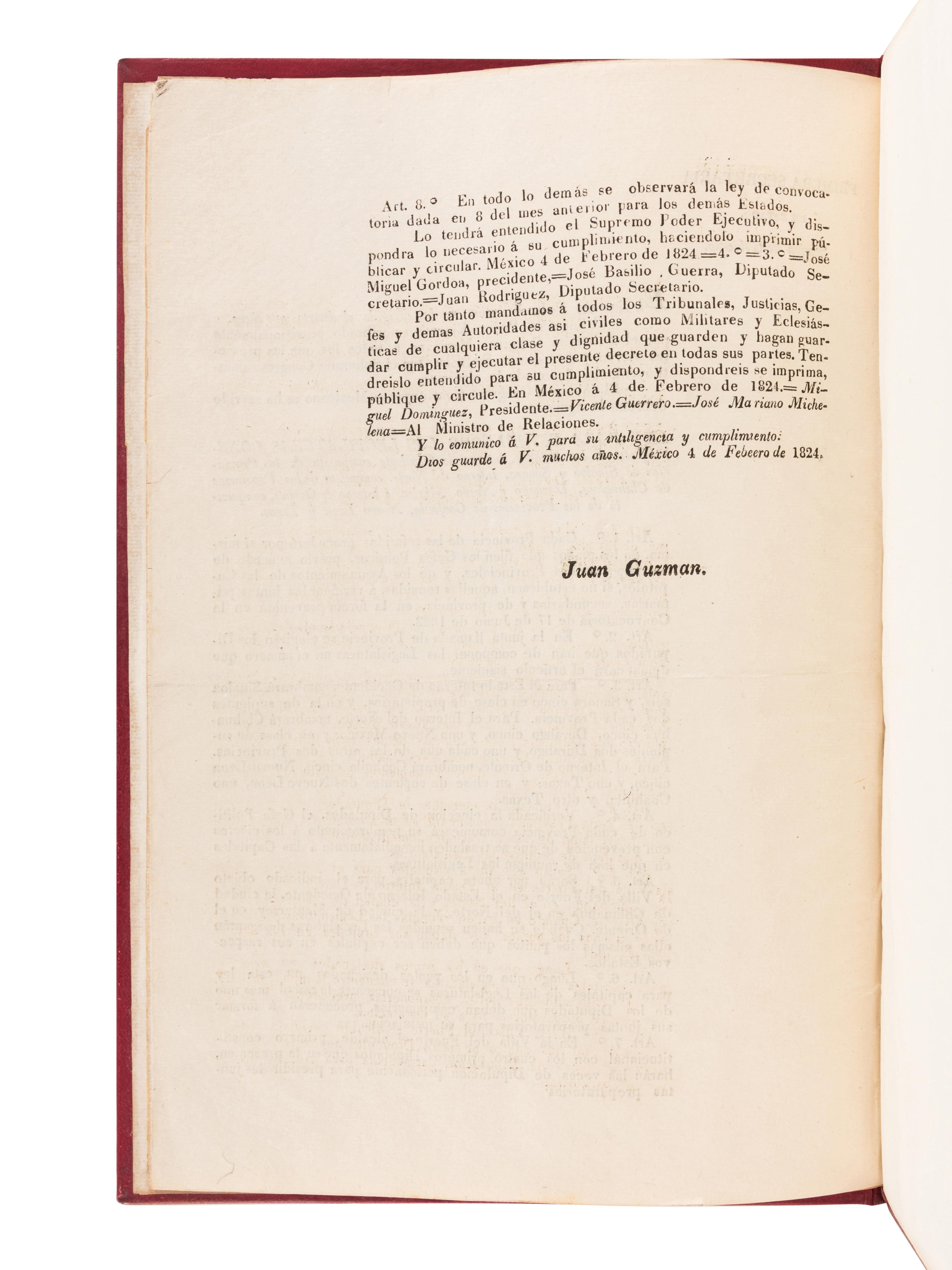 [MEXICO LAW]. Primera Secretaria de Estado. Seccion de Gobierno. El Supremo Poder Ejecutivo me ha dirigido el decreto de sique . [Mexico, 1824].