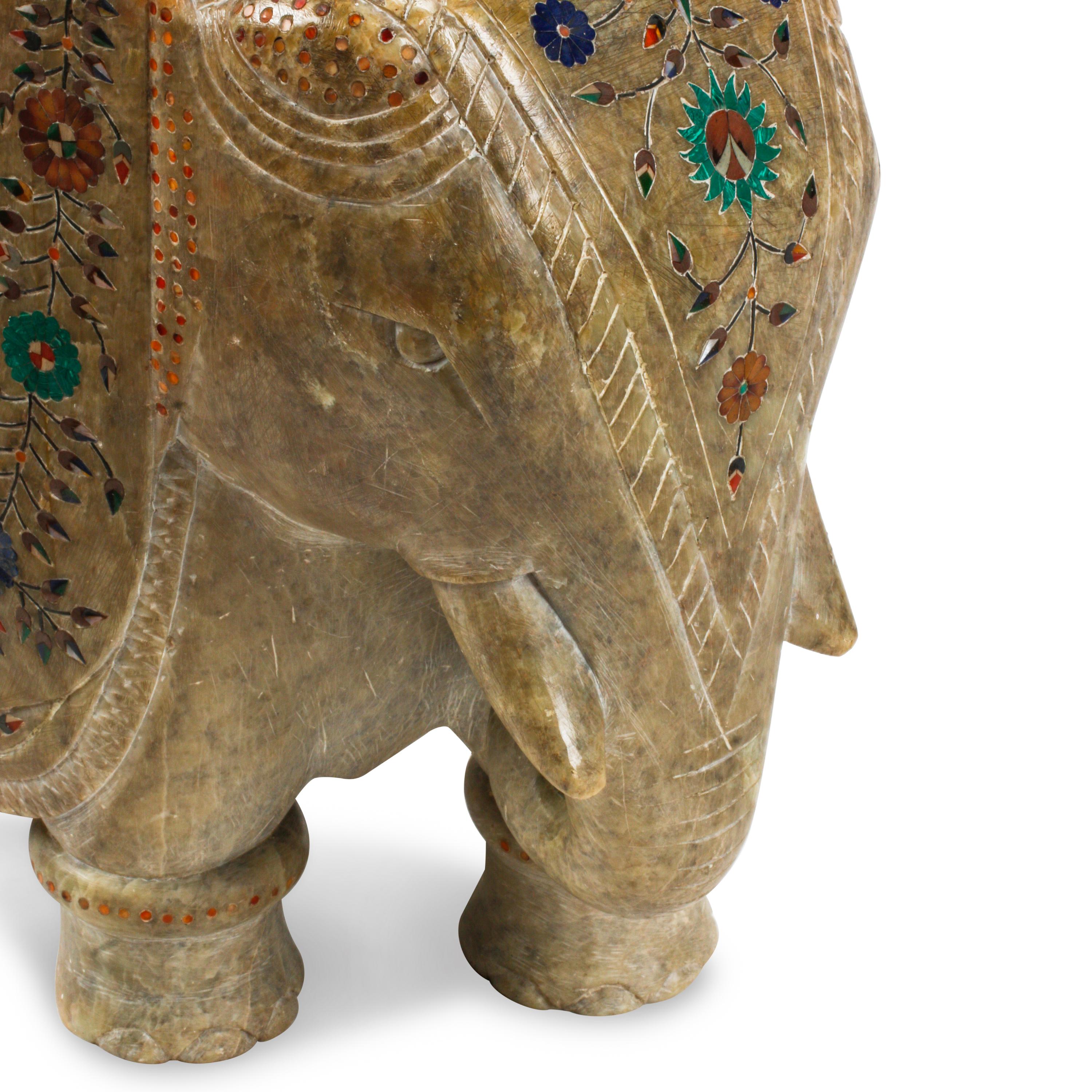 A Carved Marble and Semiprecious Stone-Inlaid Elephant
