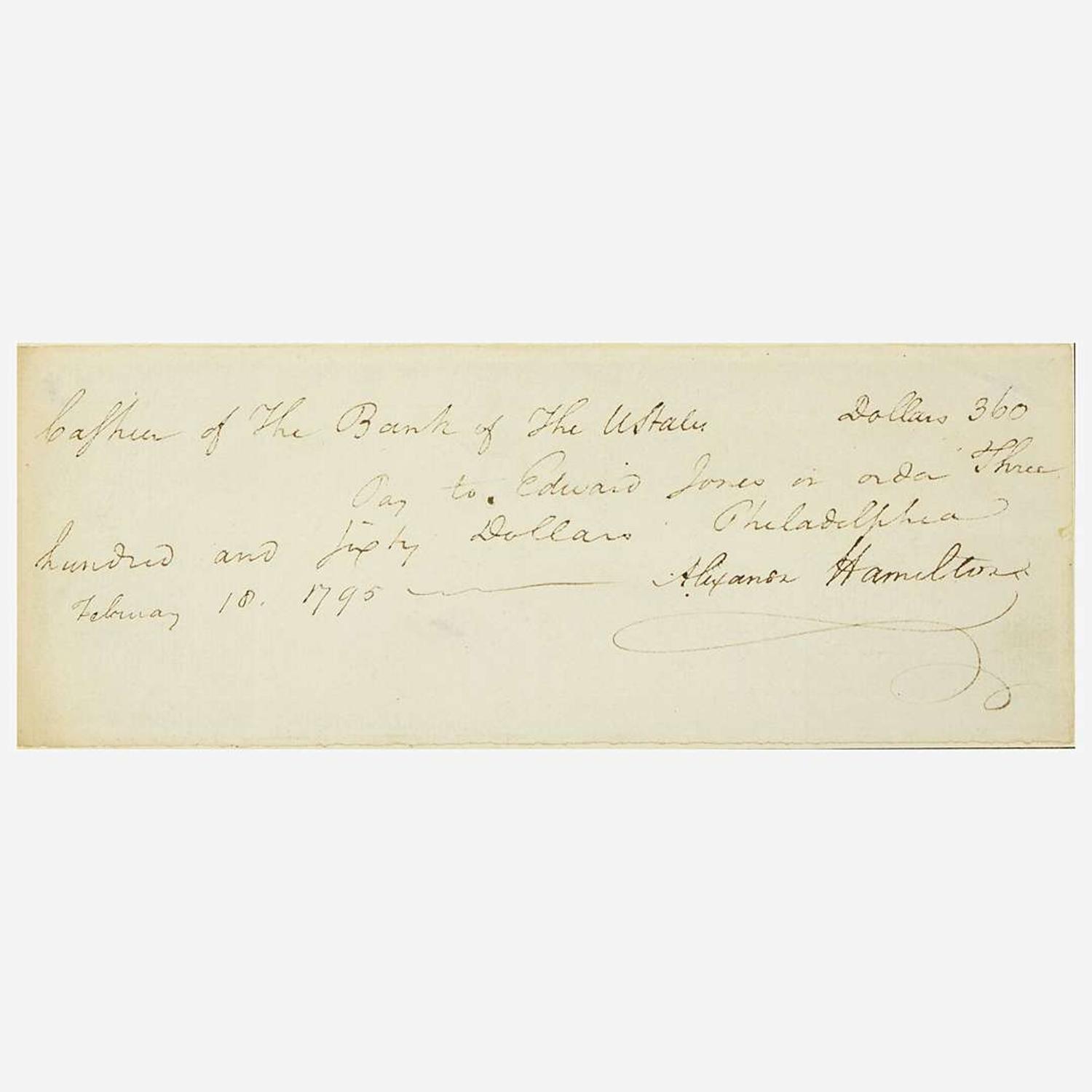 [Hamilton, Alexander] [First Bank of the United States] Autograph Check, signed