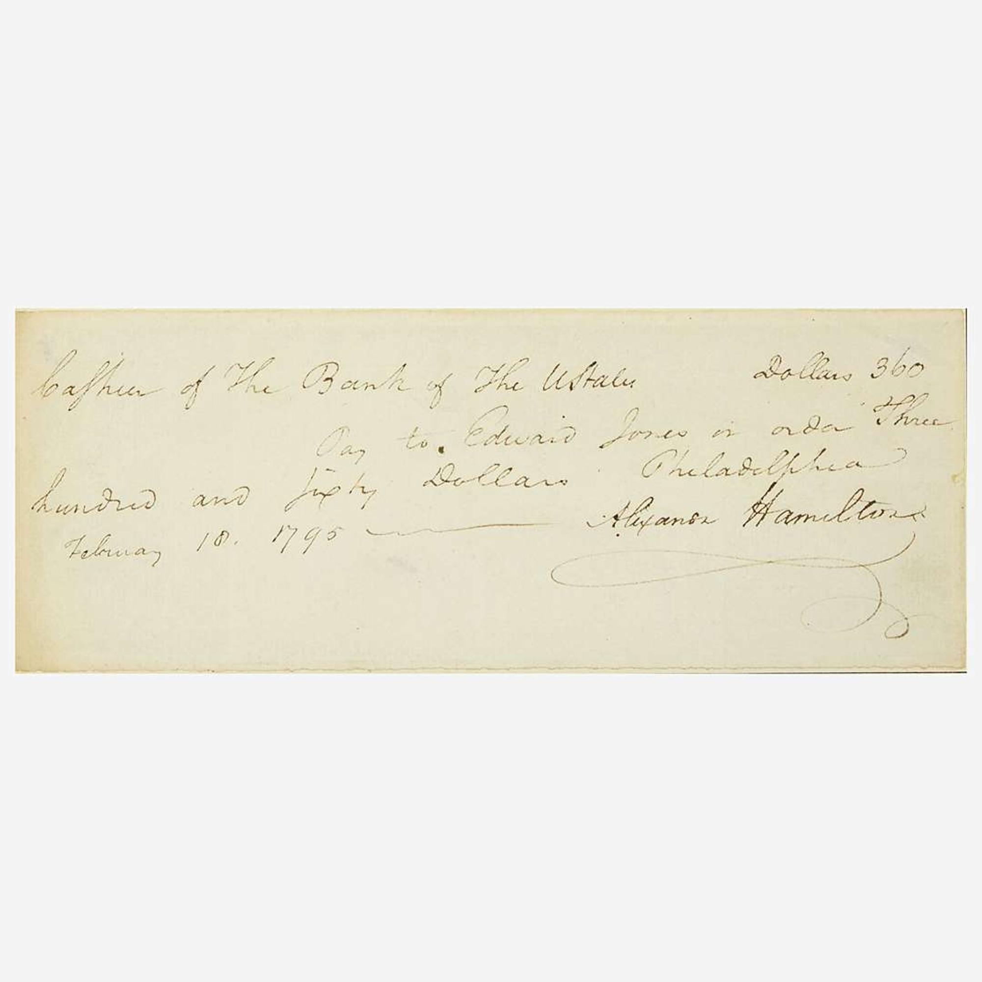 [Hamilton, Alexander] [First Bank of the United States] Autograph Check, signed