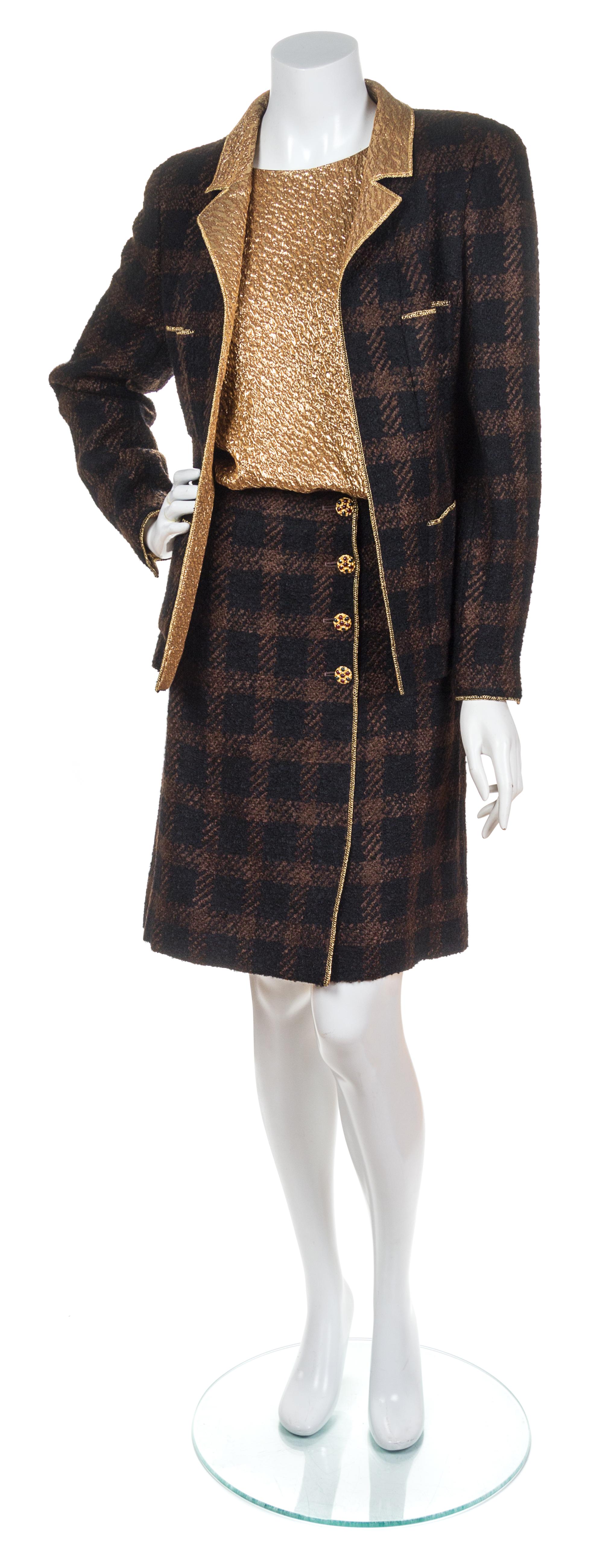 A Chanel Black and Brown Wool Boucle Plaid Skirt Suit, Size 44.