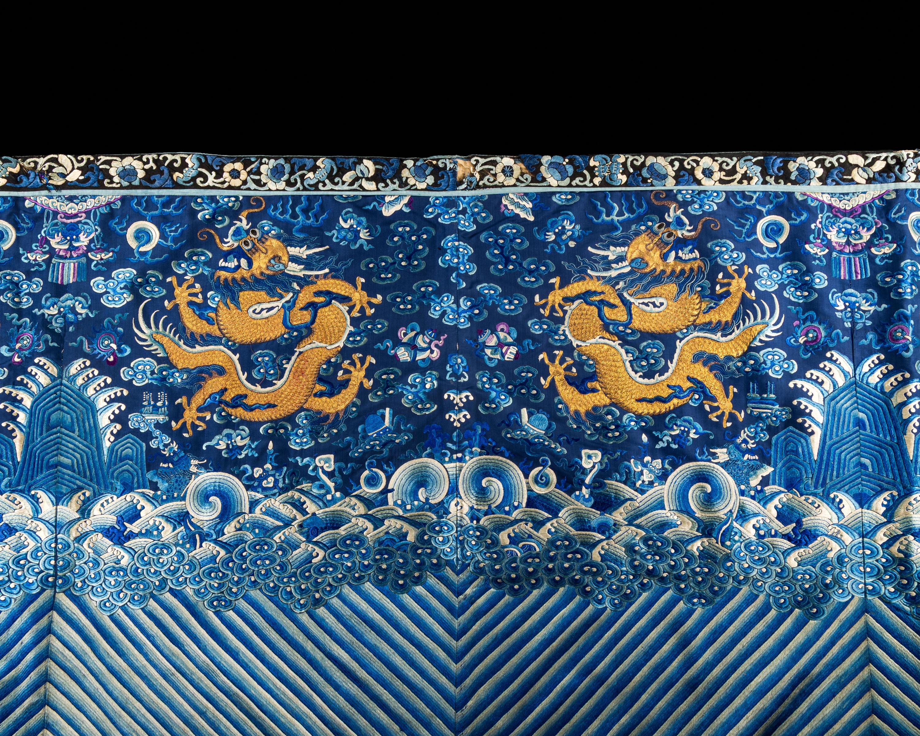 A Chinese Embroidered Silk 'Dragon' Panel, 19th Century — 清晚期 藍地龍紋綉片一幅