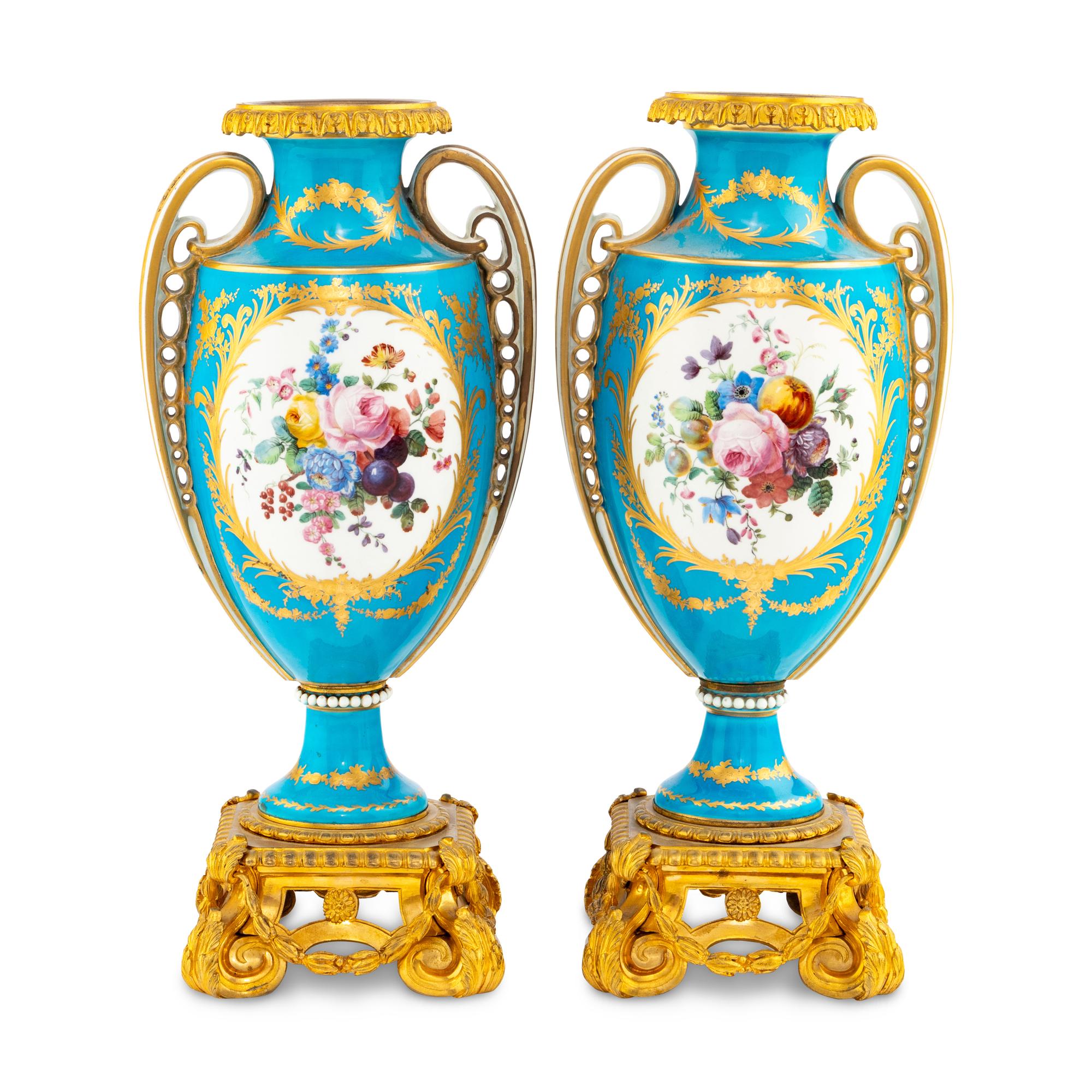 A Pair of Sèvres Style Porcelain and Gilt Bronze Mounted Vases