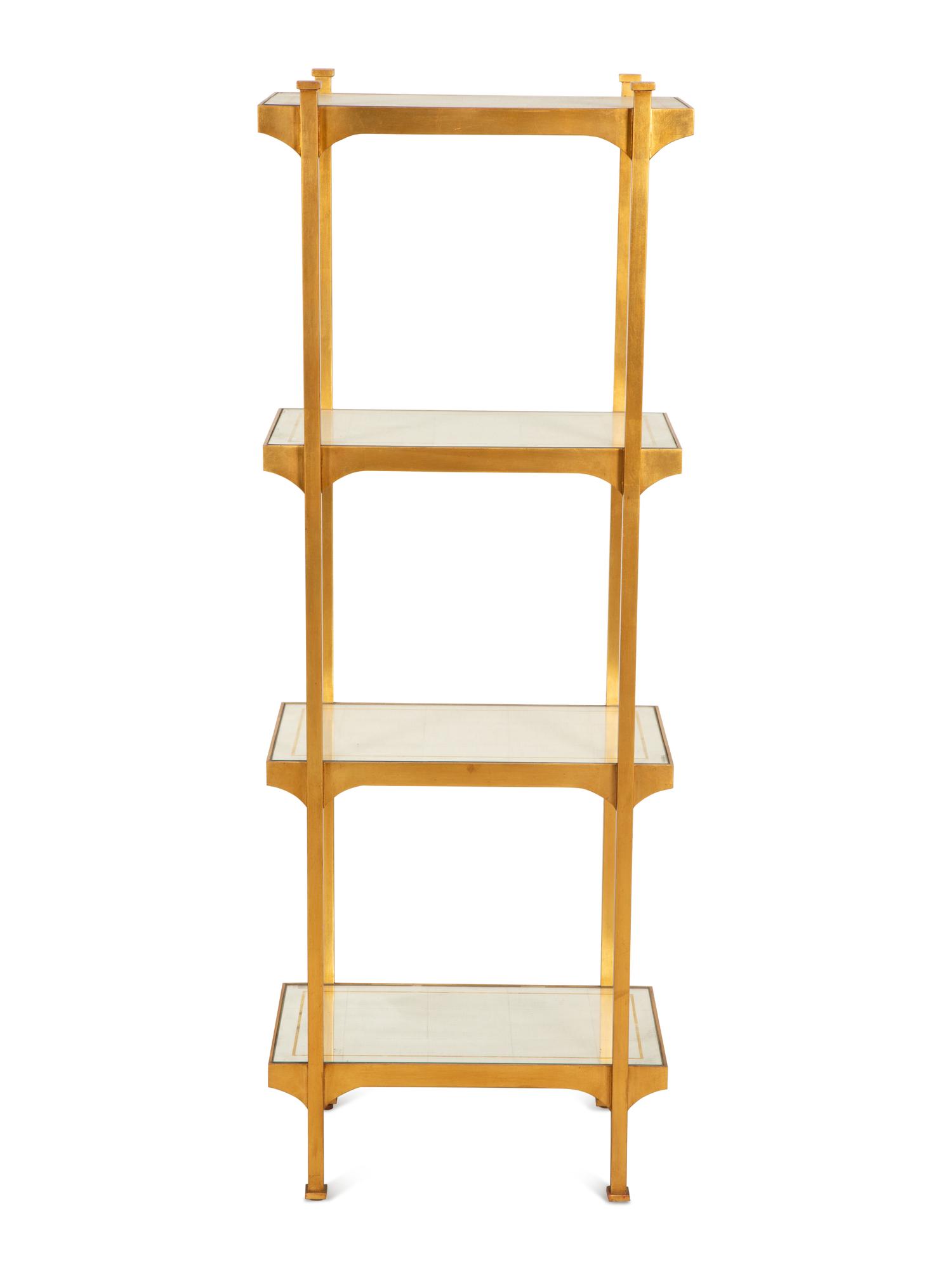 A Pair of Mid-Century Gilt Metal Etageres with Parcel Gilt Decorated Glass Shelves — Mid-20th Century