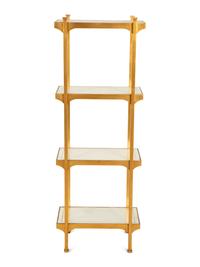 A Pair of Mid-Century Gilt Metal Etageres with Parcel Gilt Decorated Glass Shelves — Mid-20th Century