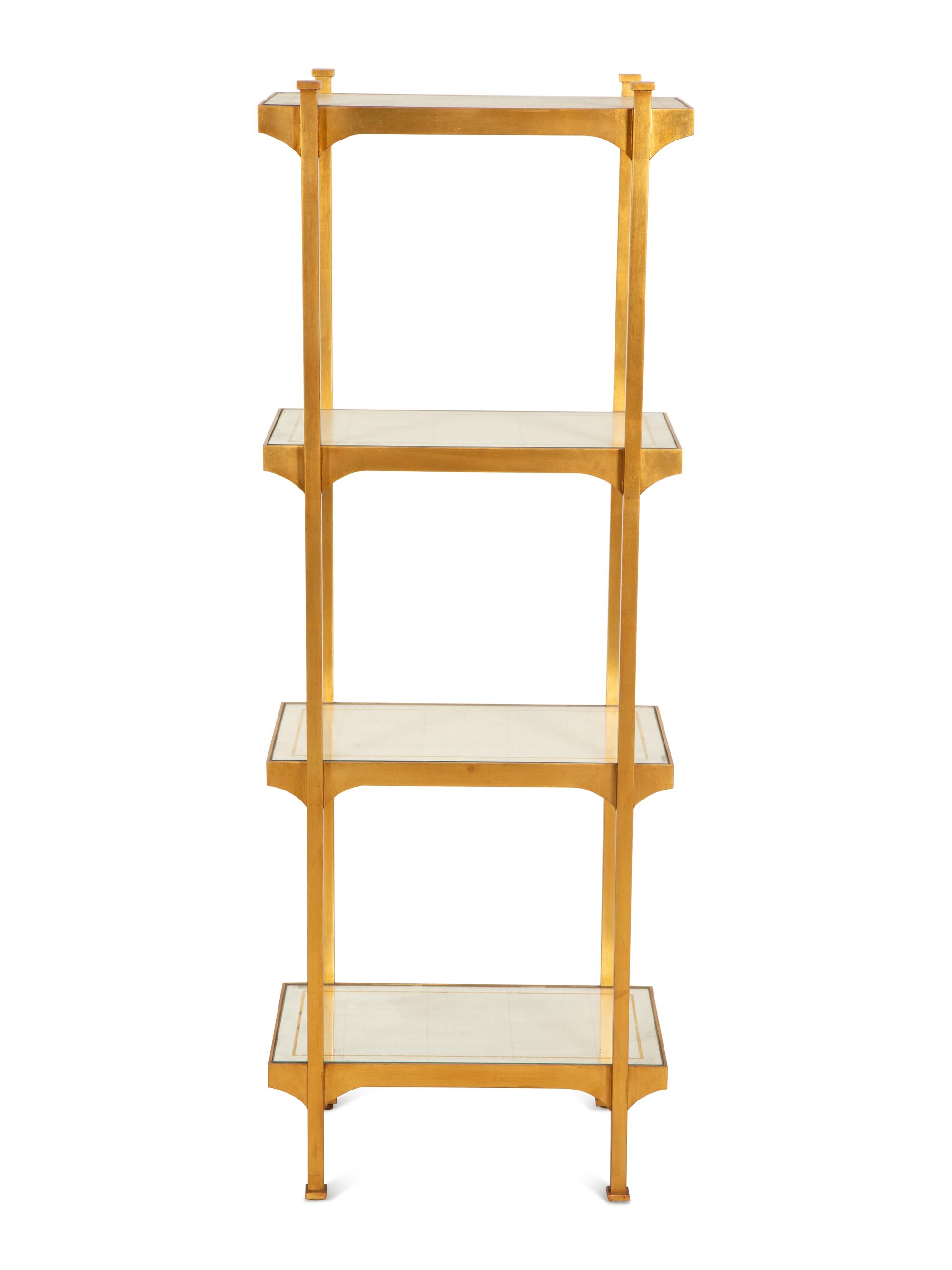 A Pair of Mid-Century Gilt Metal Etageres with Parcel Gilt Decorated Glass Shelves — Mid-20th Century