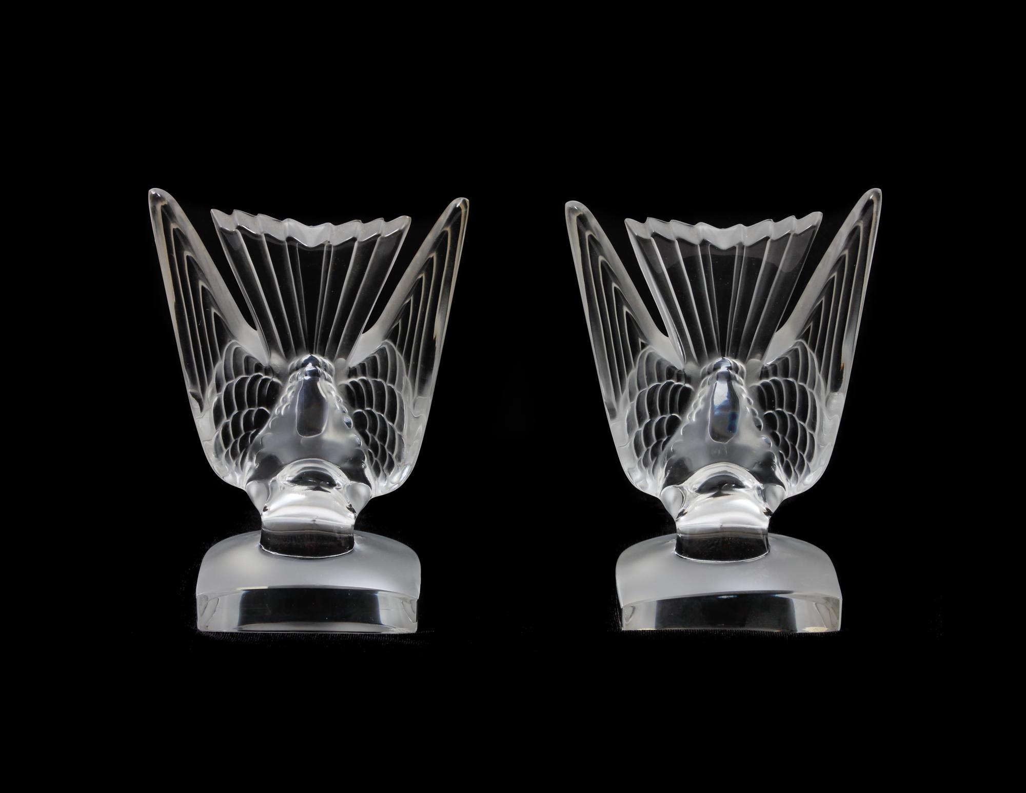 A Pair of Lalique Deux Hirondelles Molded Glass Bookends