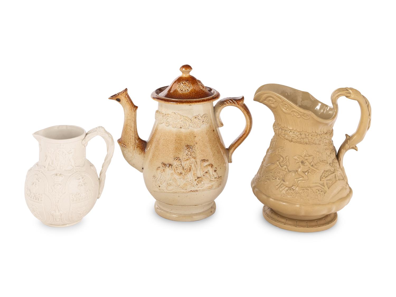 Two English Salt-Glazed Earthenware Jugs and an Eccleshill Stoneware Coffee Pot