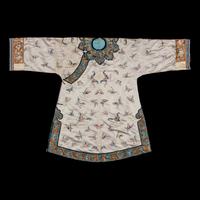 A Chinese Pale Blue Ground Embroidered Silk 'Butterfly' Lady's Informal Robe, Late Qing/Republic Period 晚清/民國 月白緞地百蝶紋女襖
