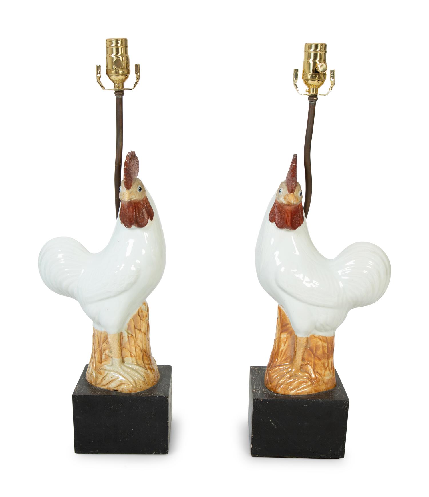 A Pair of Chinese Export Porcelain Roosters Mounted as Lamps