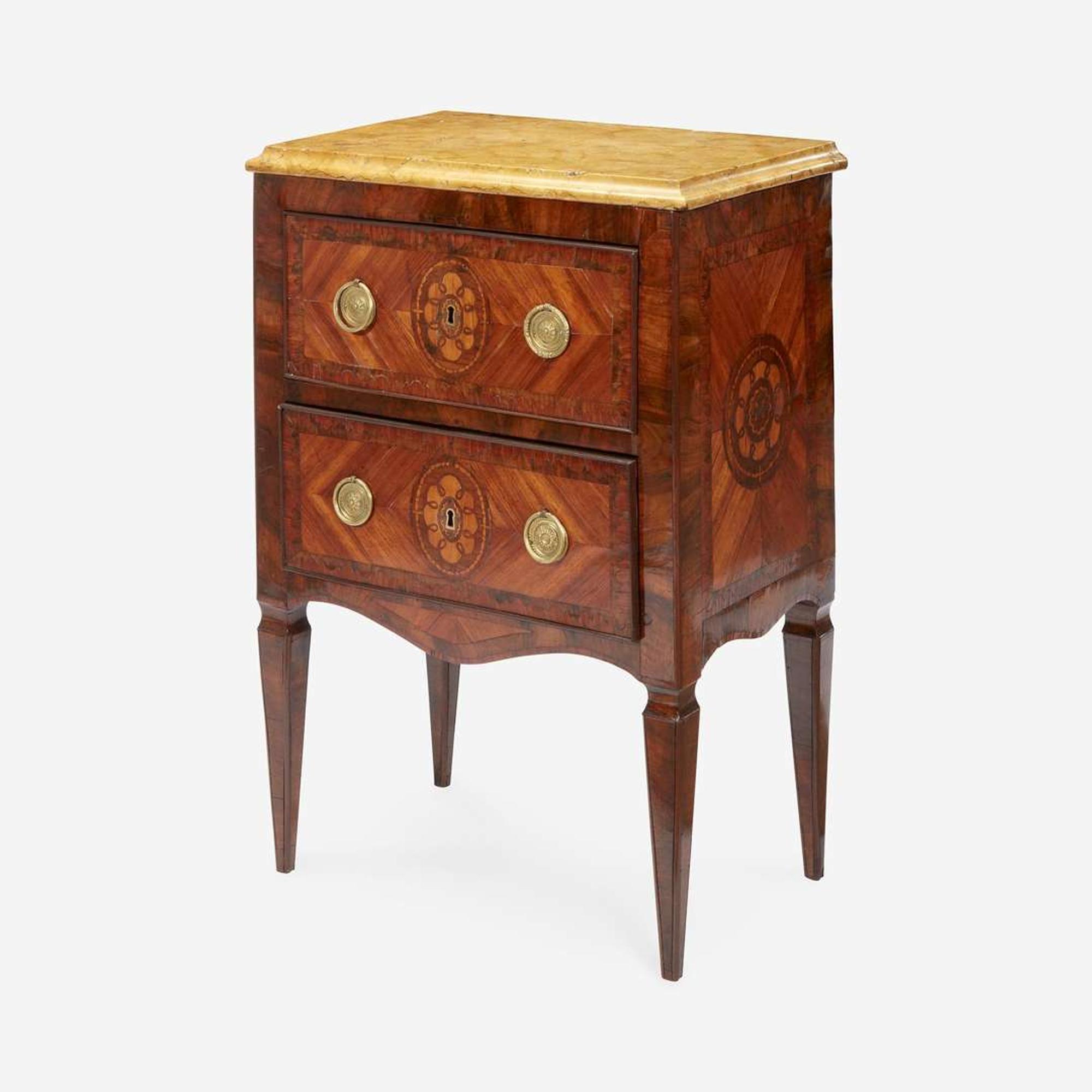 An Italian Neoclassical Walnut and Fruitwood Marquetry Side Table with Marble Top Late 18th century