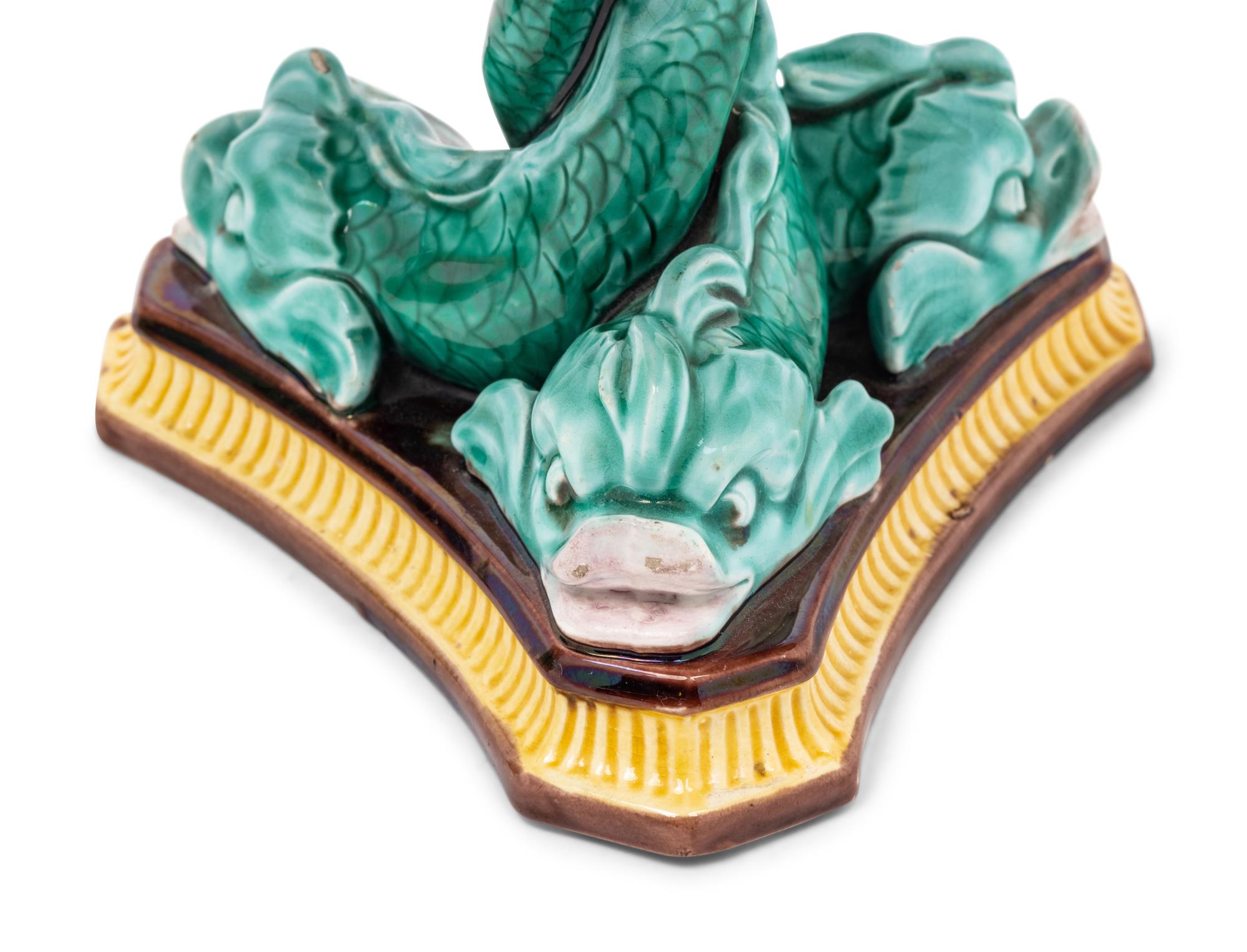 An English Majolica "Corn" Pitcher and an English Majolica "Dolphin" Tazza
