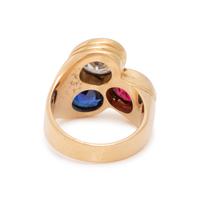 SAPPHIRE, RUBY AND DIAMOND RING