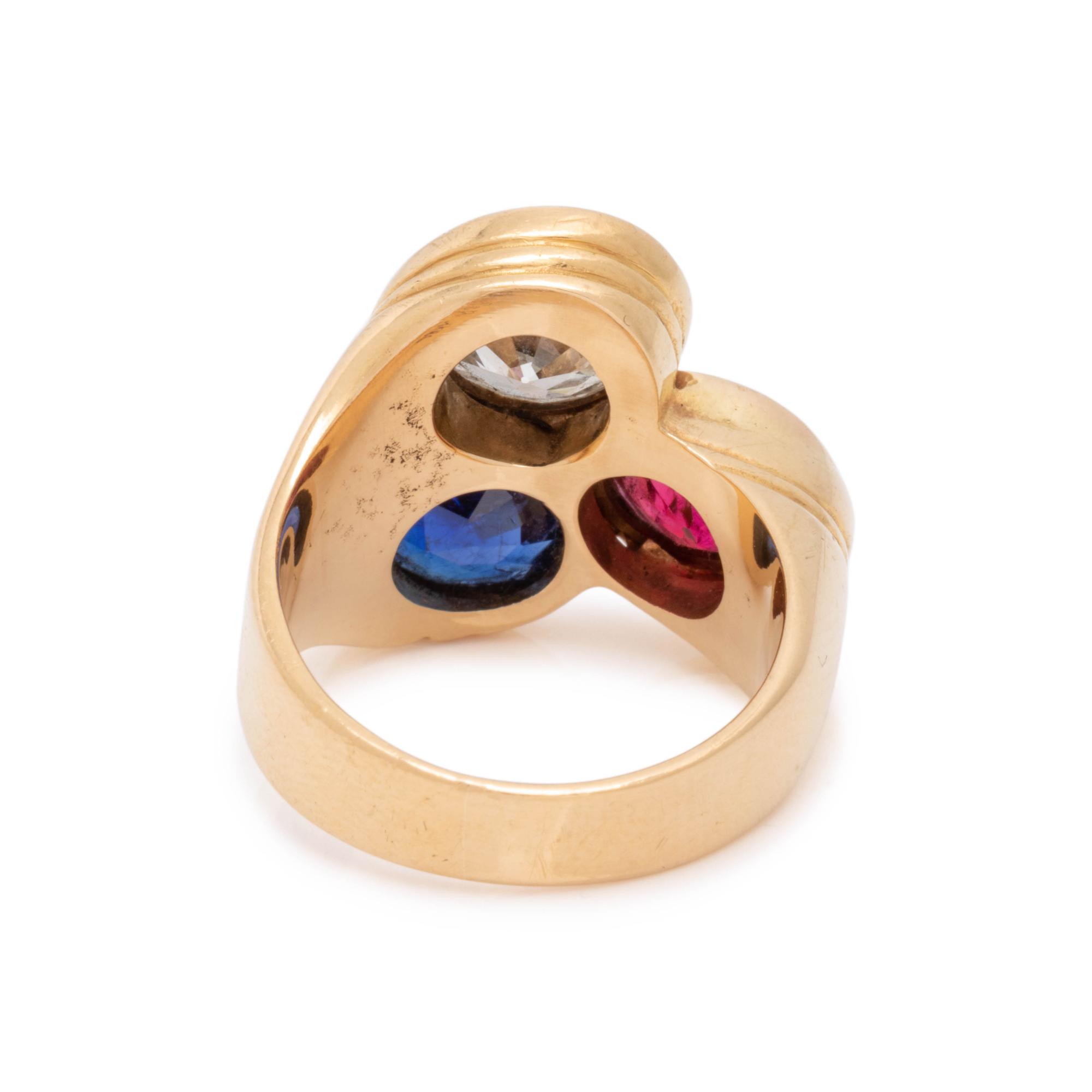 SAPPHIRE, RUBY AND DIAMOND RING
