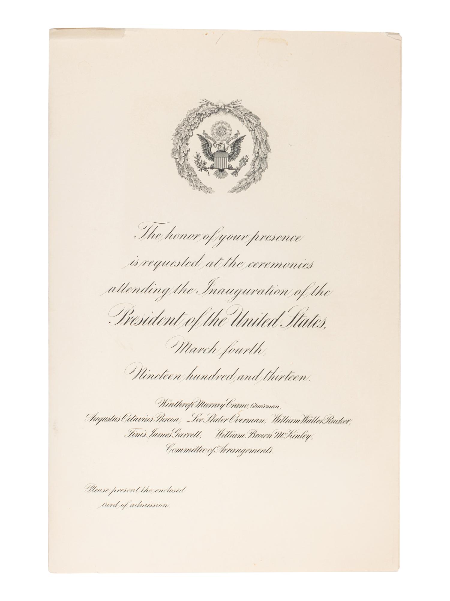 WILSON, Woodrow (1856-1924). Two autograph letters signed, as President, to Senator James A. O'Gorman, 20 April and 5 May 1913, regarding the appointment of the Collector of the Port of New York, comprising: