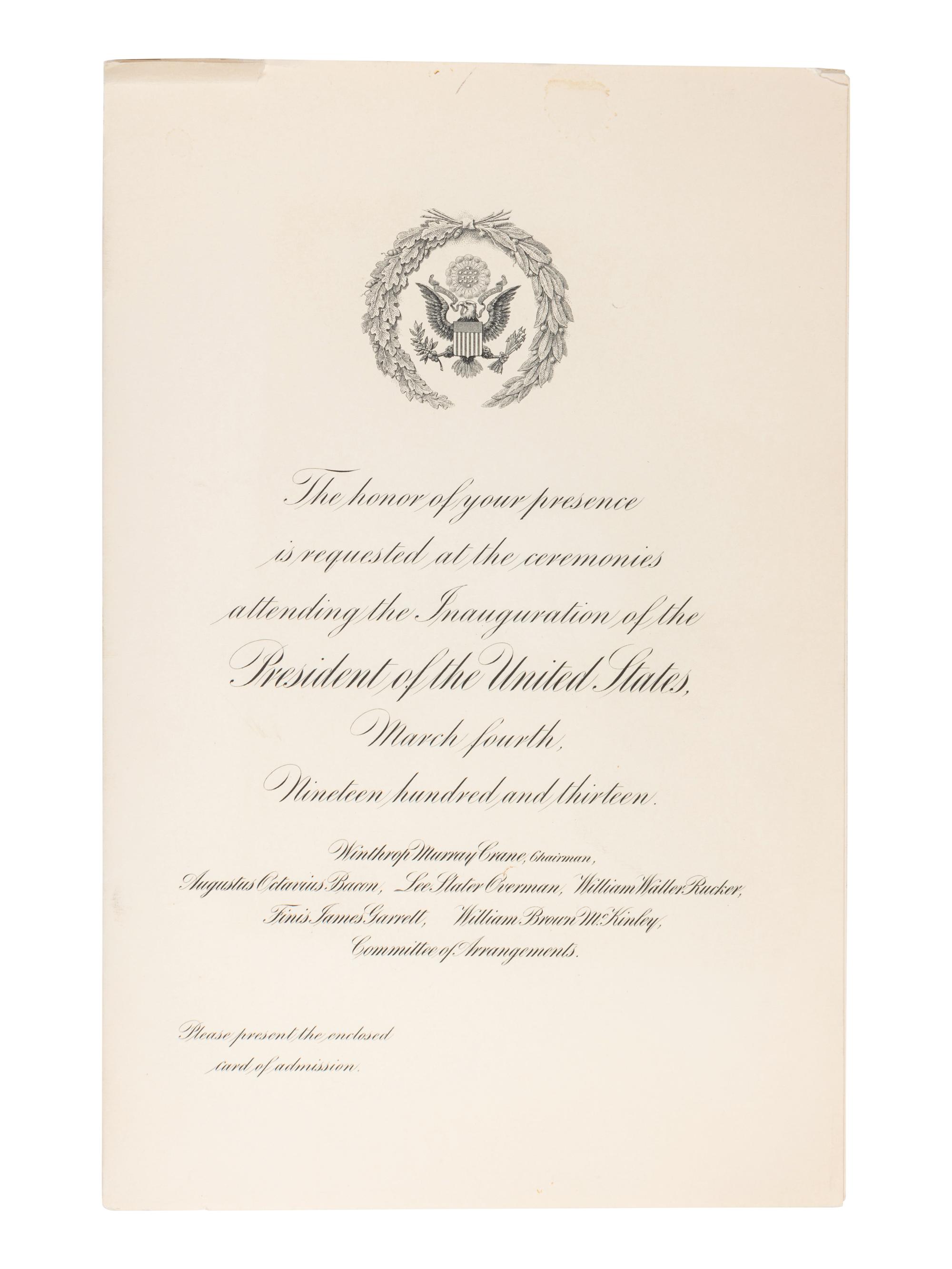 WILSON, Woodrow (1856-1924). Two autograph letters signed, as President, to Senator James A. O'Gorman, 20 April and 5 May 1913, regarding the appointment of the Collector of the Port of New York, comprising: