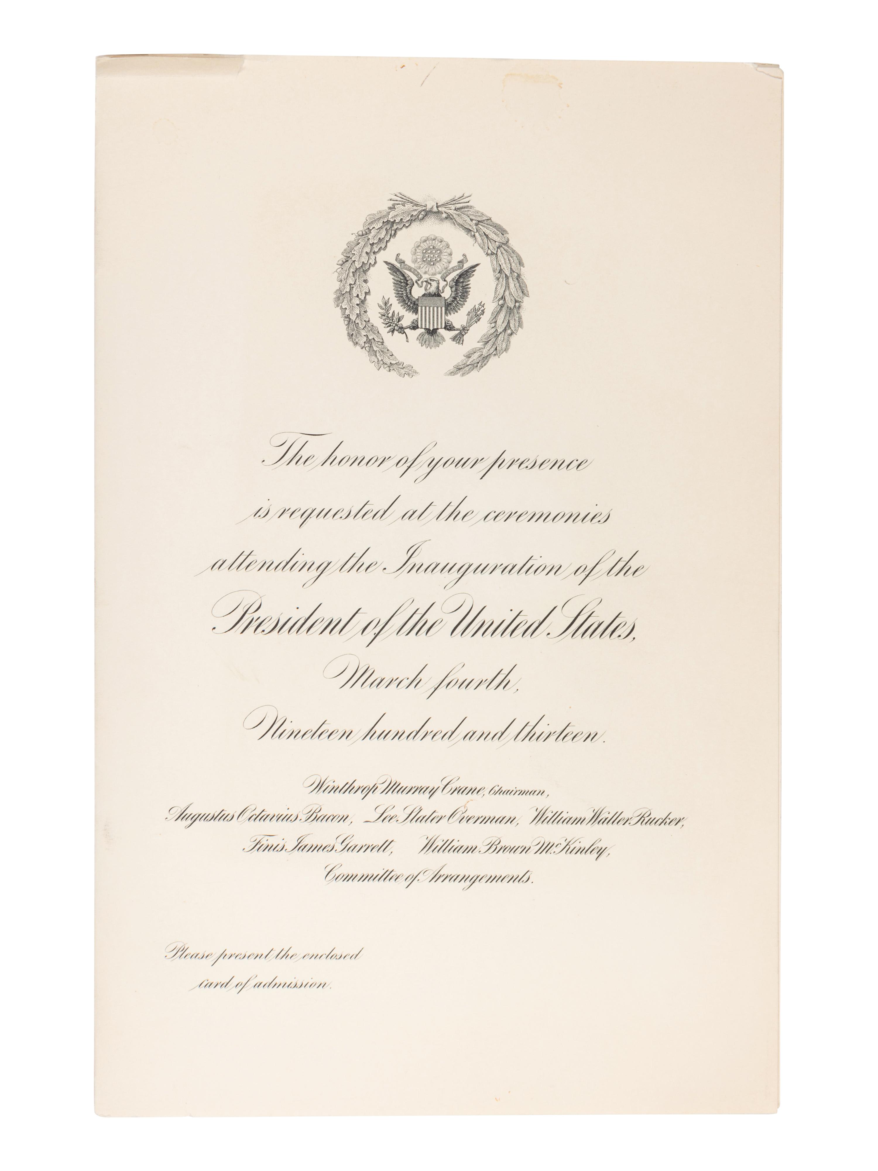 WILSON, Woodrow (1856-1924). Two autograph letters signed, as President, to Senator James A. O'Gorman, 20 April and 5 May 1913, regarding the appointment of the Collector of the Port of New York, comprising: