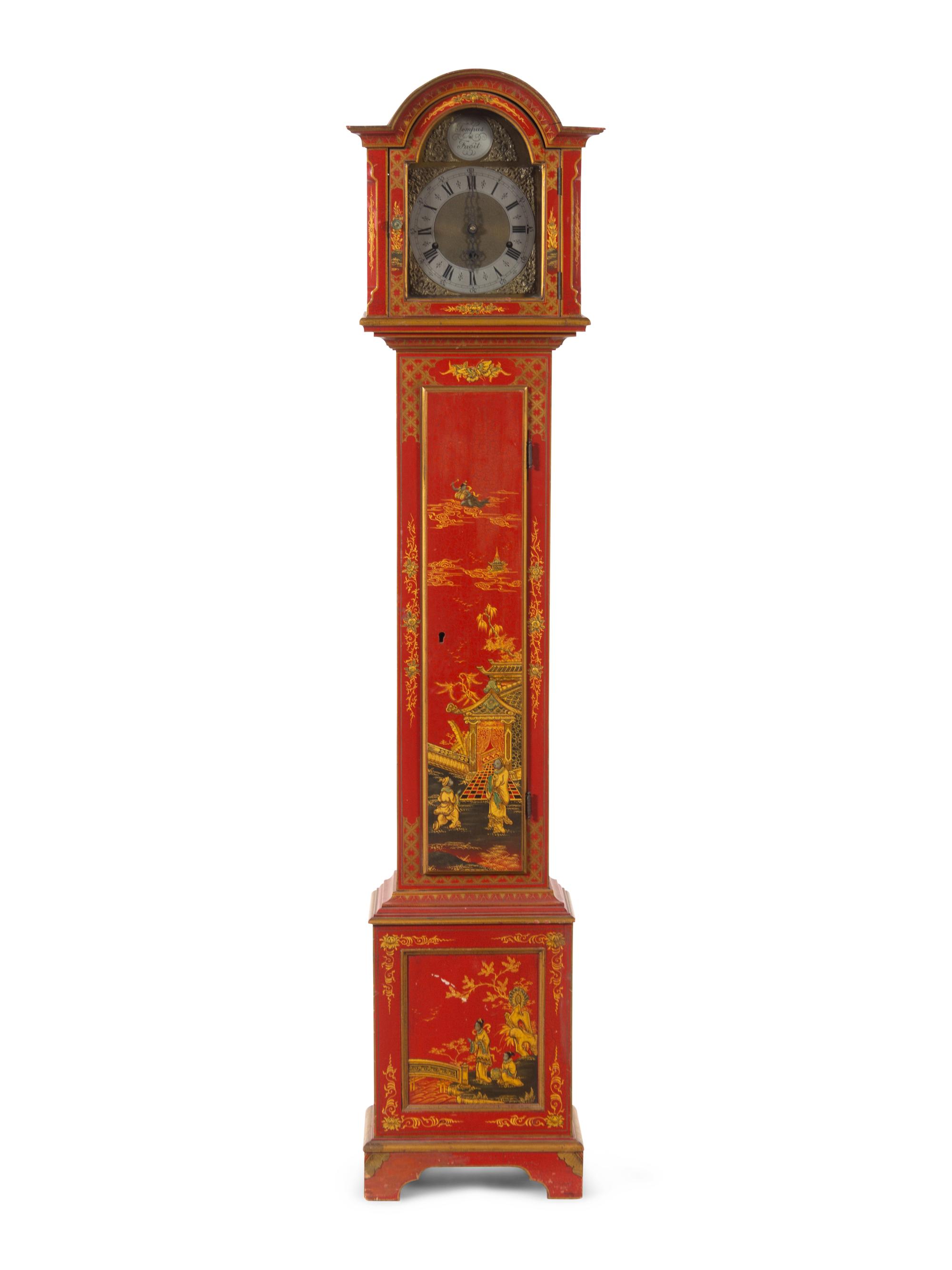 A George III Style Red Lacquered Chinoiserie Tall Case Clock